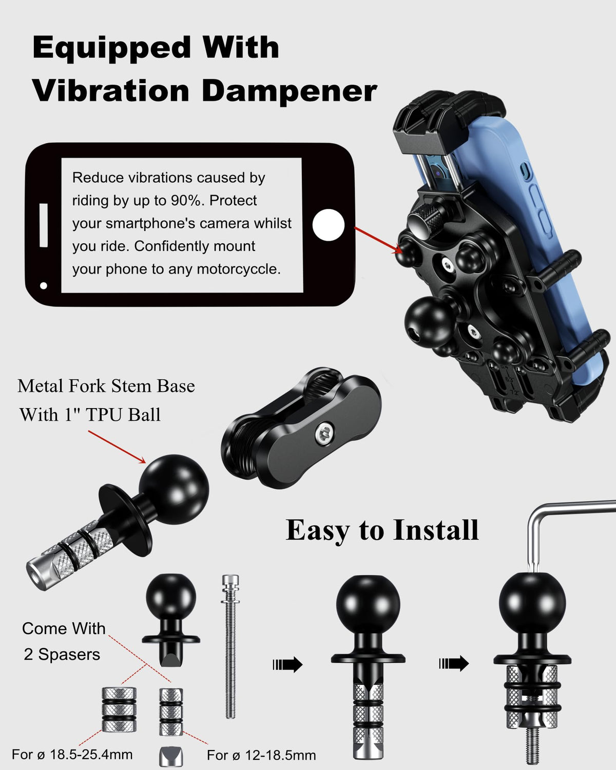 BRCOVAN Anti-Theft Motorcycle Fork Stem Phone Mount Holder with Vibration Dampener & High-Speed Secure Lock, Heavy Duty, Adjustable Size, Big Phone Friendly, Fit for 5.4-7.2'' Cellphone