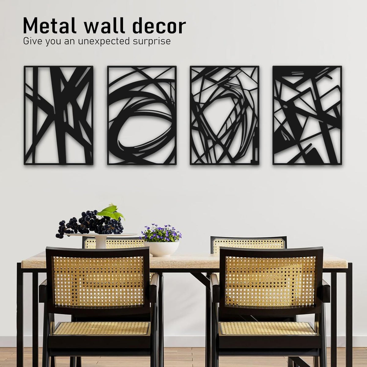 Modern Black Abstract Wall Art – 4 Panel Set (16x11”) – Minimalist Metal Artwork for Living Room, Bedroom, Office – Contemporary Home Decor, Easy to Hang