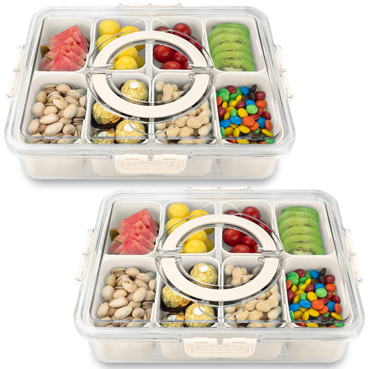 Divided Serving Tray with Lid and Handle,8 Compartments Snacks Box,Snack Fruit Tray,Veggie Tray,Portable Platter for Candy Fruits Nuts Snack Party Entertaining Picnic(2 PCS)