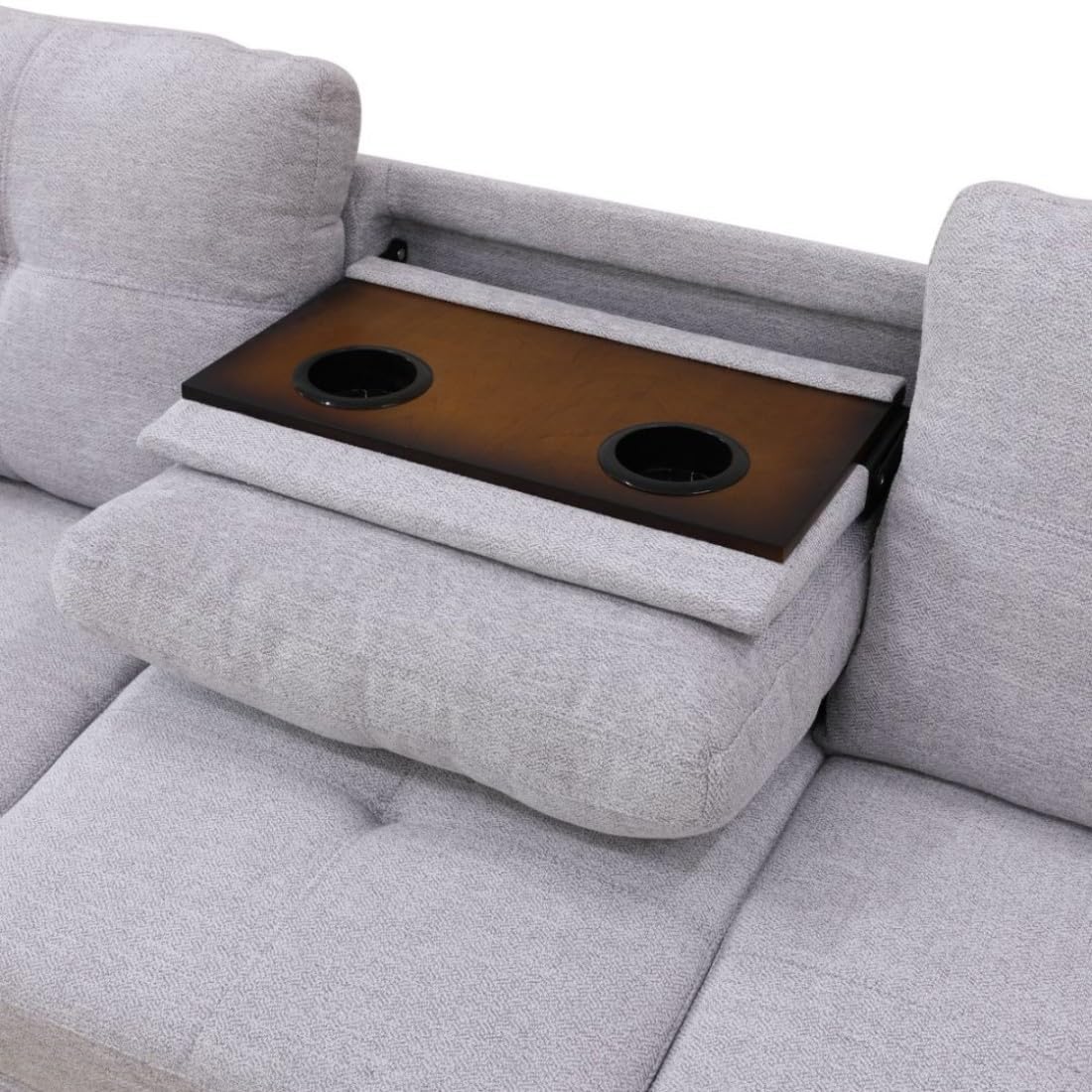 UOCFYK L-Shaped 3-Piece Flannel Sofa with Ottoman, Sectional Couch Set for Living Room, Office, Apartment, with Cup Holder, Grey White
