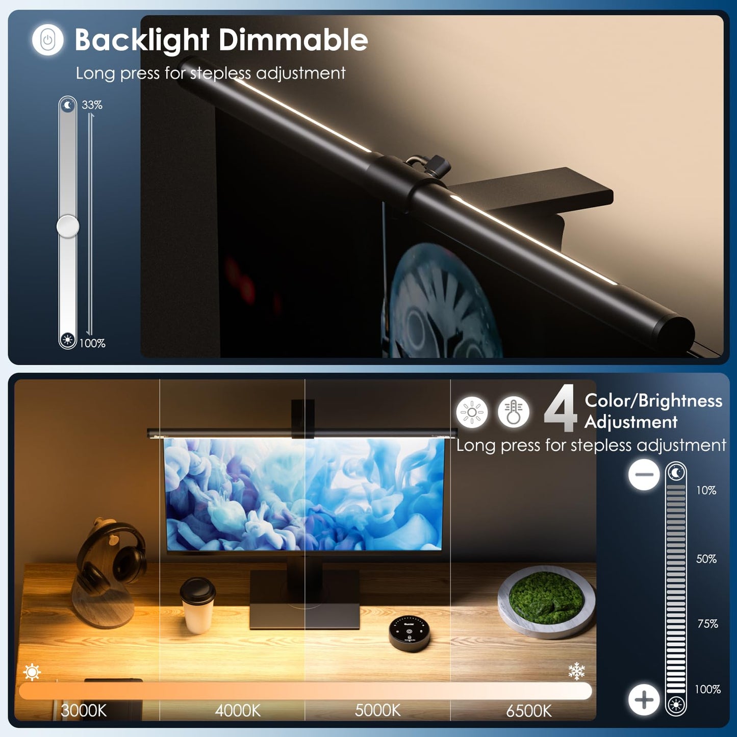 Quntis Monitor Light Bar with Remote, 20.1'' Dual Light Screen Light Bar, Sliding Weighted Clip Fit for All Screens, Adjustable Stepless Dimming, Eye Caring No Glare Gaming Work Desk Lamp, Gray
