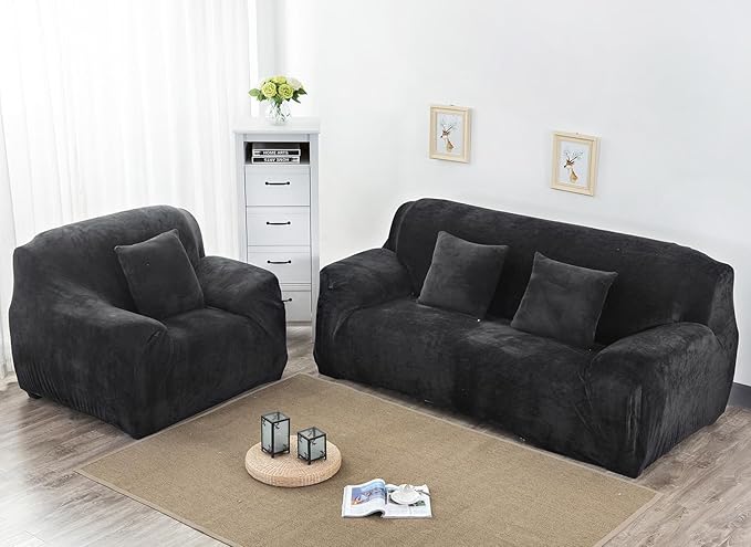 vctops 4 Seater Velvet Plush Stretch Sofa Slipcover 1-Piece Sofa Cover