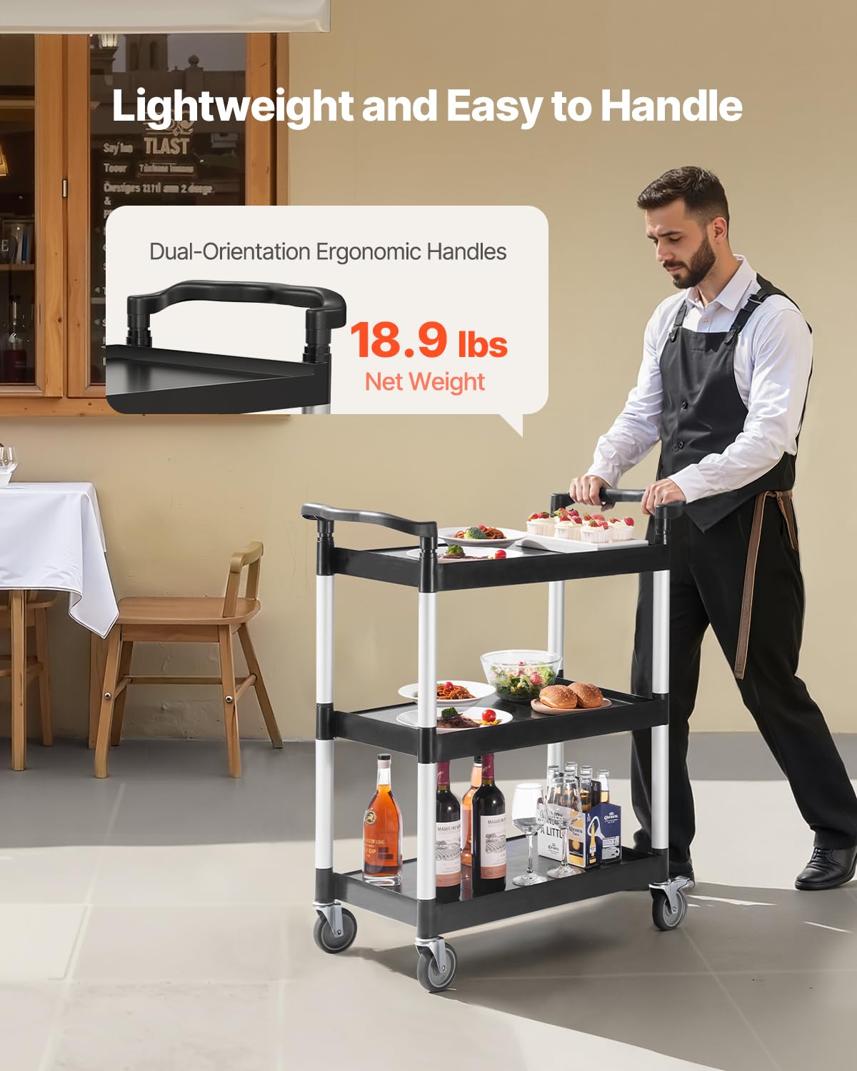 VEVOR Utility Cart, 300 lbs Load Capacity, 3-Tier Utility Plastic Cart with 360° Swivel Wheels (2 with Brakes), 24.4 x 16.1-inch Food Service Cart for Warehouse, Office, Home, Restaurant, Kitchen
