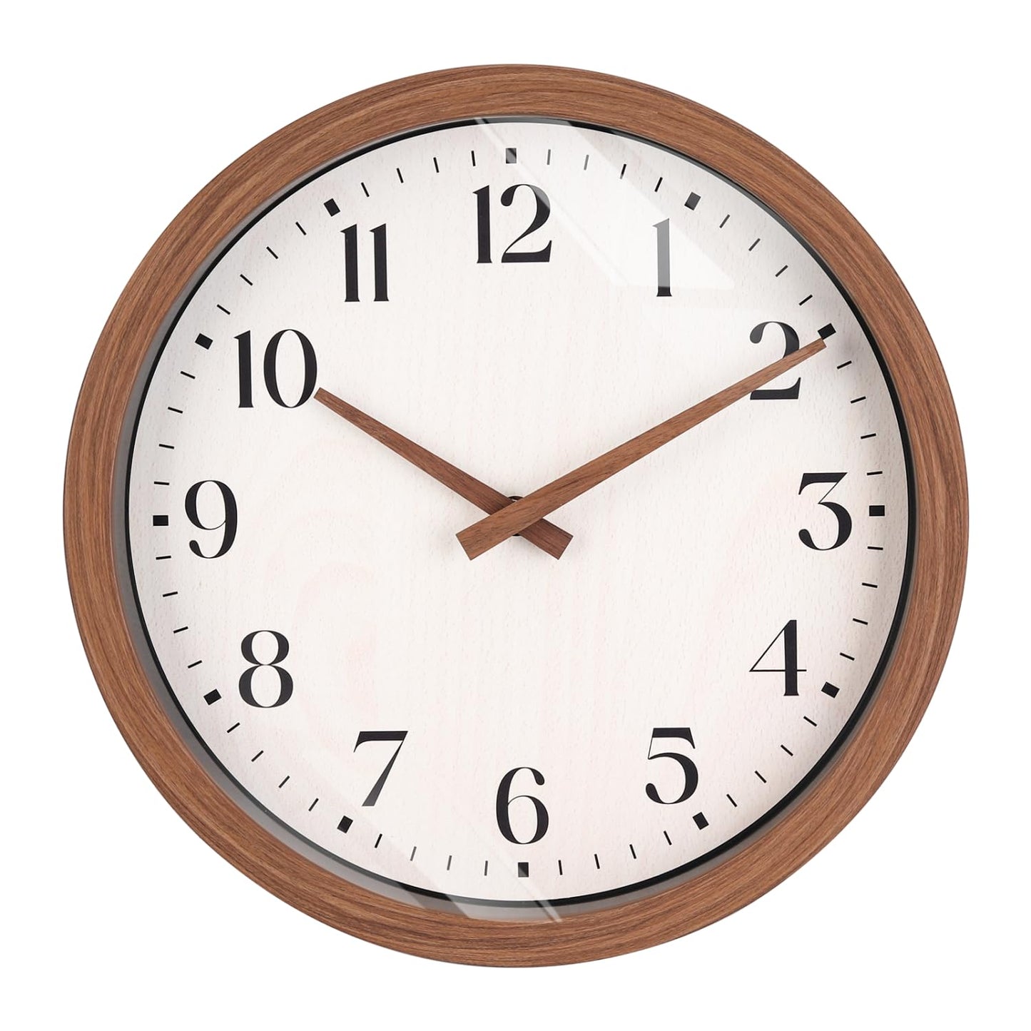 Topkey 12 Inch Round Silent Wall Clock with Wooden Hour and Minute Hands - Wood-Like Frame & White Dial for Home Office Kitchen Decor - Brown