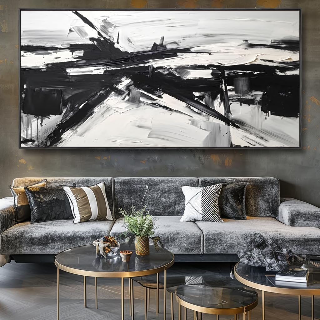 Wall Art Abstract Canvas Painting Black and White Modern Artwork for Living Room Bedroom Dining Room Home Office Decor 20"x40" with Framed