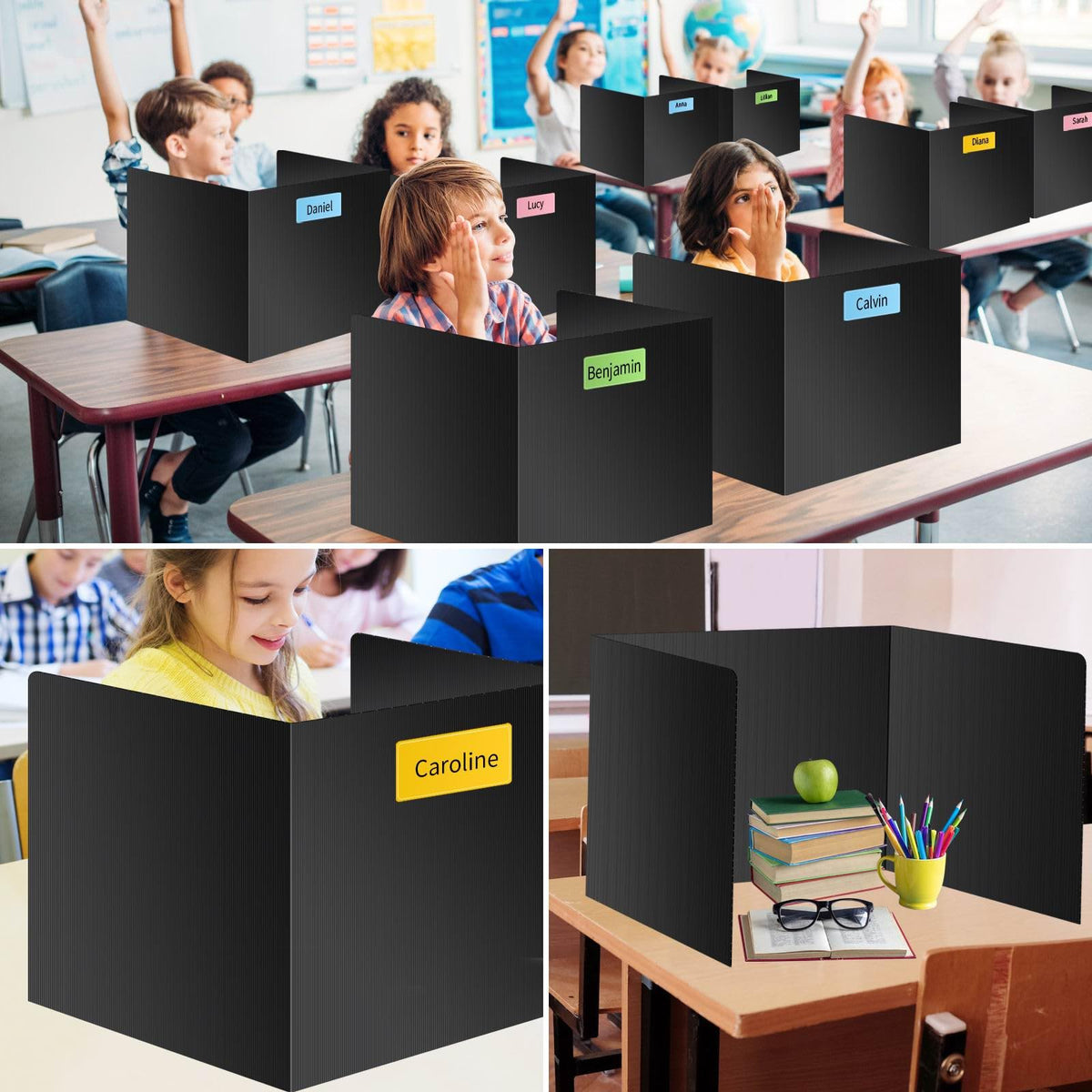 Black 24-Pack Desk Dividers for Students, Waterproof Durable Plastic Study Carrel Dividers, Easy to Clean, Privacy Classroom Shield Folder Boards for Student Desk