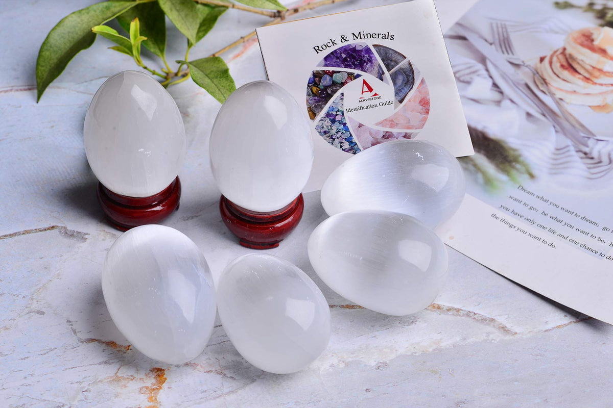 AMOYSTONE Selenite Eggs (6 Pcs) - Morocco Selenite Crystals with Wooden Base for Healing, Reiki, Meditation, Home Decor & Office Desk (1.5-2")
