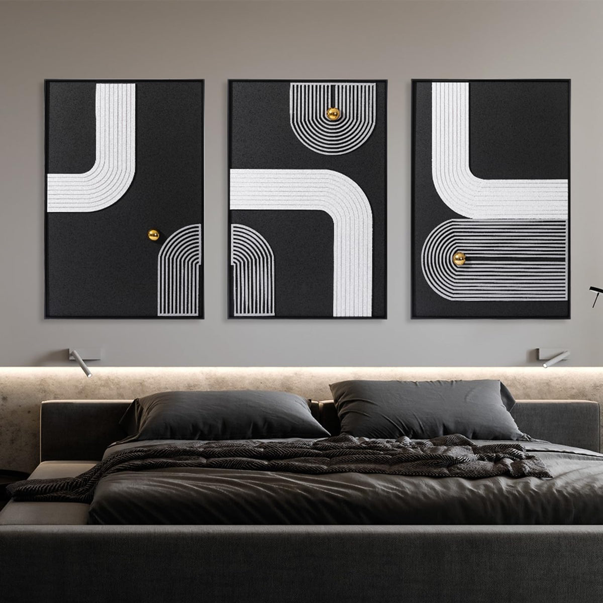 AMAATE 3 Pieces 3D Sandstone Wall Art, Black Metal Framed Abstract Geometric Wall Decor with Gold Spheres, Black White Texture Luxury Relief Paintings for Living Room Bedroom Office, 16x24 Inches, Ready to Hang