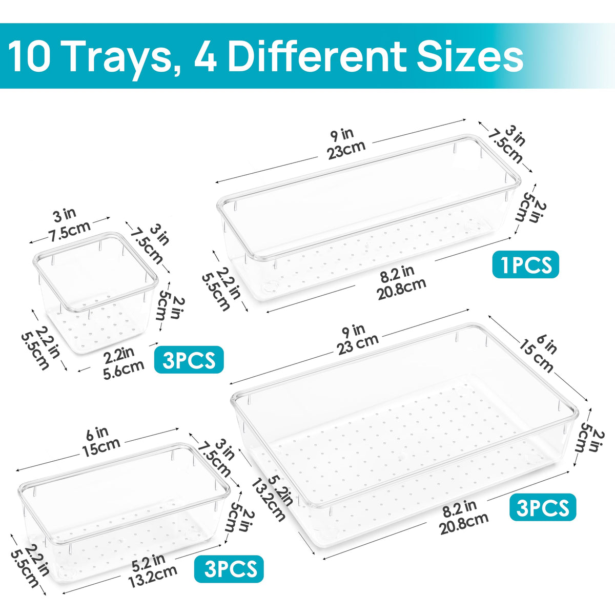 Vtopmart 10 Pcs Makeup Drawer Organizer Bins Set, 4 Size Plastic Makeup and Vanity Organizer Trays, Clear Acrylic Vanity Storage Containers for Cosmetics, Toiletries, Jewelry, Gadgets, Office Supply