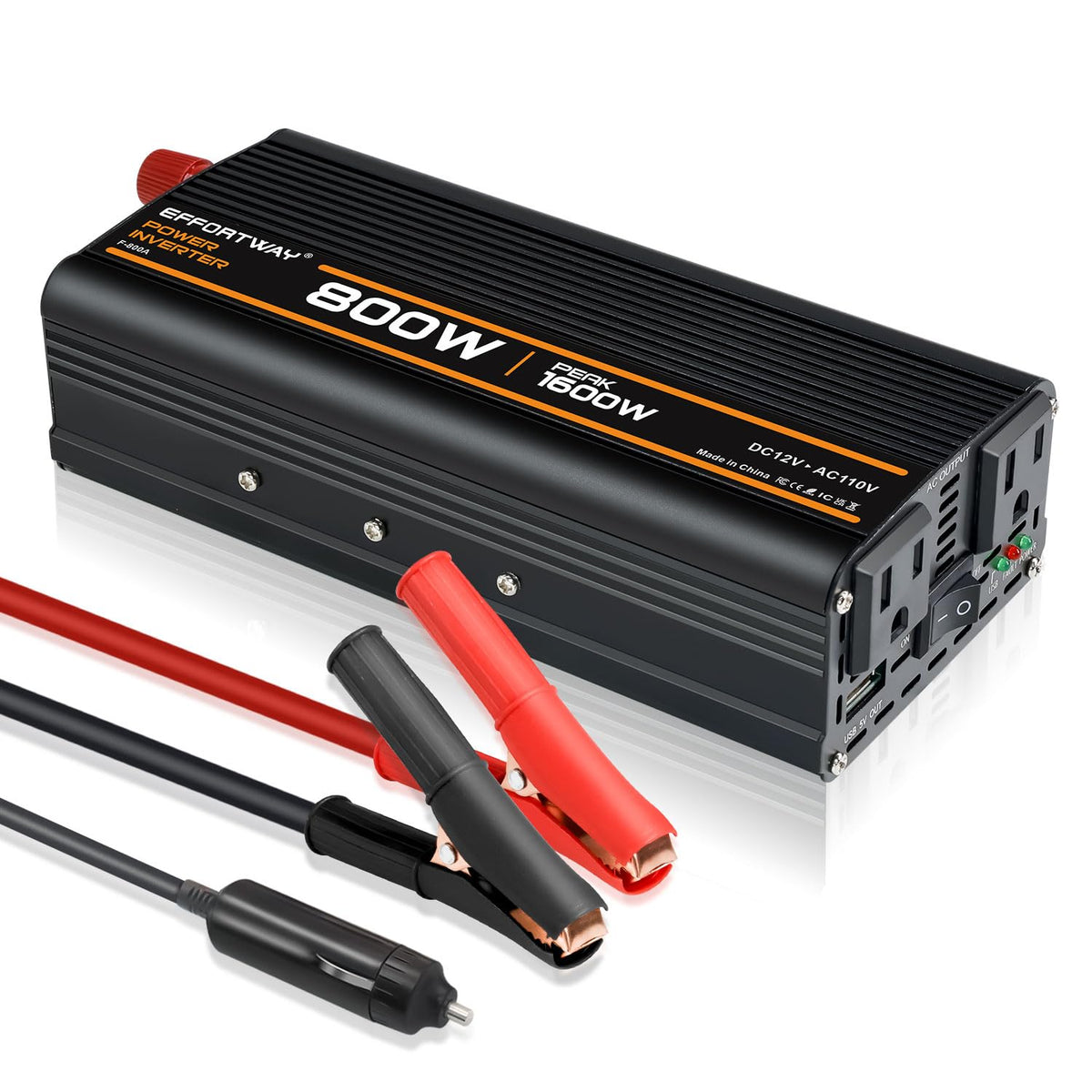 EFFORTWAY 800W Power Inverter, Inverter 12V to 110V with 2 AC Outlets, 2.1A USB Port, Car Power Inverter with Alligator Battery Clamp for Phone, Laptop on Camping, Road Trip