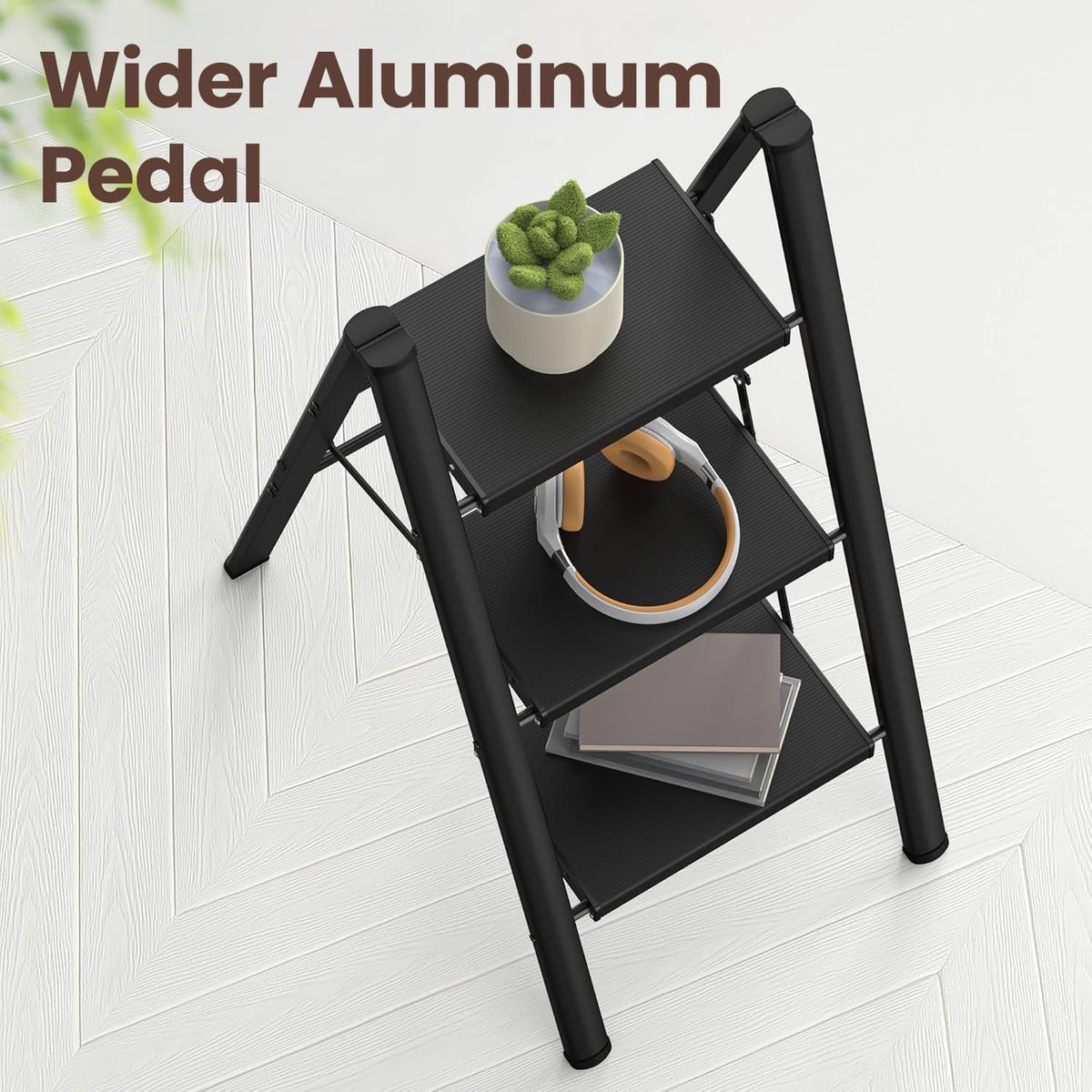 HBTower 3 Step Ladder, Lightweight Aluminum Folding Step Stool, Step Stool Foldable with Wide Anti-Slip Pedal, 330lbs Capacity for Home and Kitchen, Black