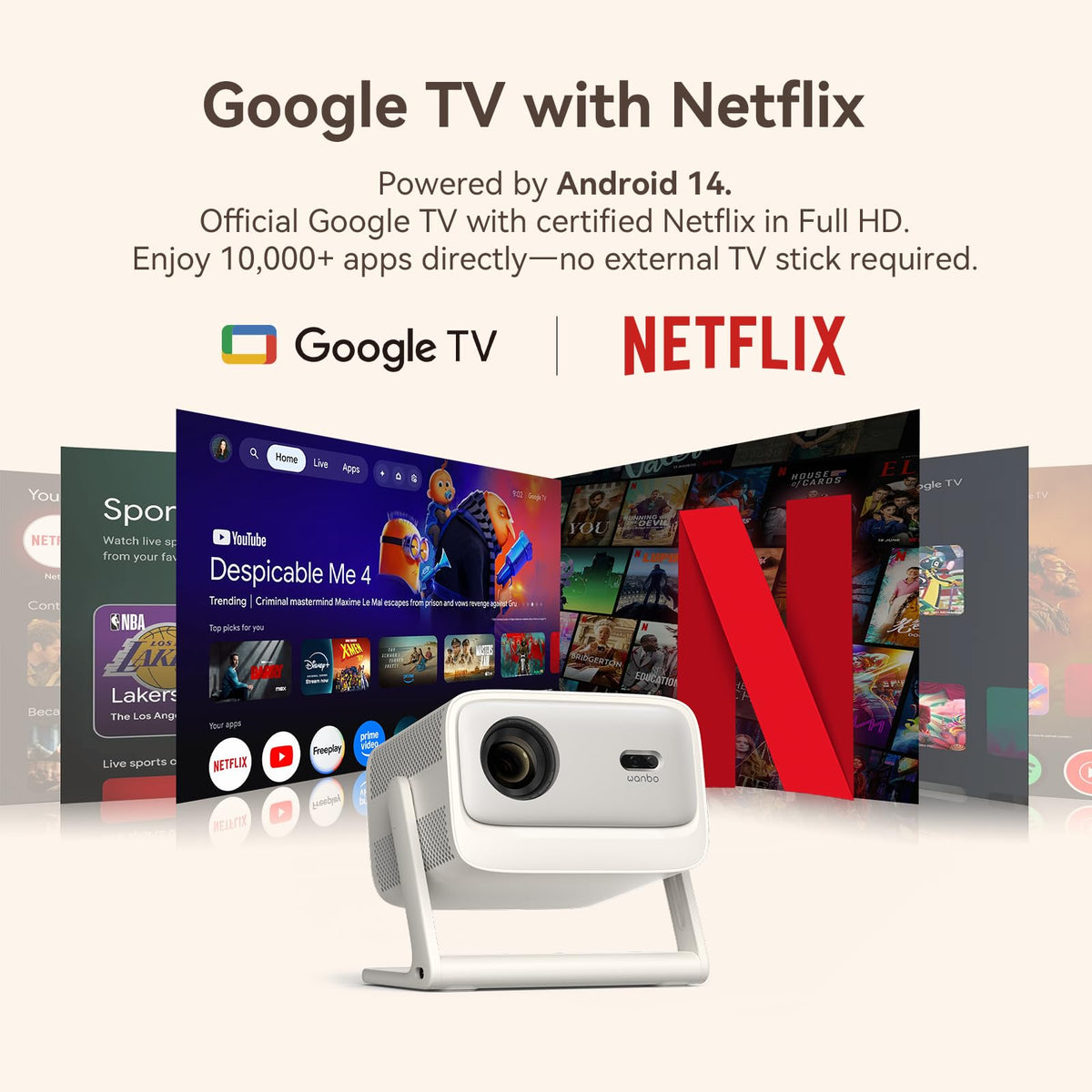 【Official Licensed Google TV 14】Wanbo Vali 1 Pro 4K Smart Projector, Flagship MT9660 Chip, MEMC, 900ANSI, Native 1080P, Dolby Audio, Fully Automatic, 260" Portable Home Outdoor Movie Projector