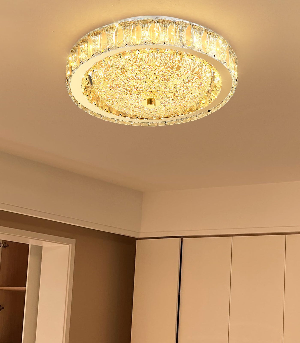 AFQEJG 11.8" Modern Mini Crystal Chandelier Dimmable LED Flush Mount Ceiling Light with Remote Control for Bedroom Hallway Dining Room Gold