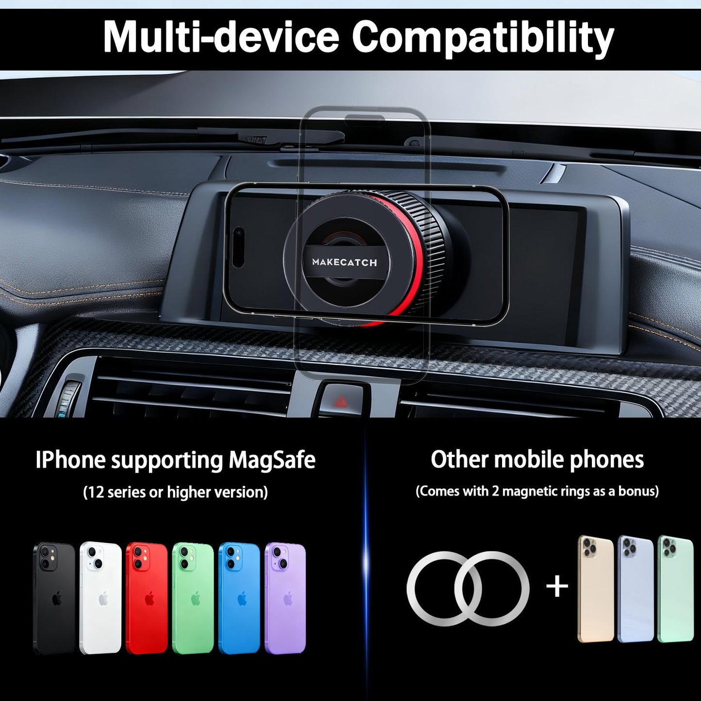 makecatch Magnetic Car Phone Mount, 120+ LB Vacuum Suction & 3000gf Magnetic Force, 360° Triple-Axis Adjustable Car Holder for iPhone & All Phones, Twist-Lock Suction Cup, Quick-Release (Black)