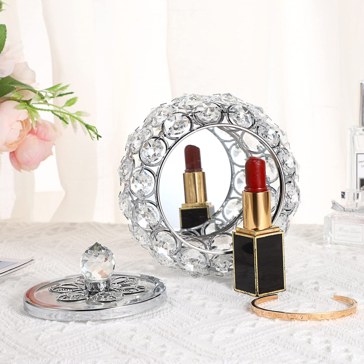 Hipiwe Crystal Jewelry Box with Glass Lid Small Trinket Organizer Mirrored Treasure Box Ring Holder Earrings Necklace Storage Box Keepsake Gift Box for Home Dresser Decor, Silver