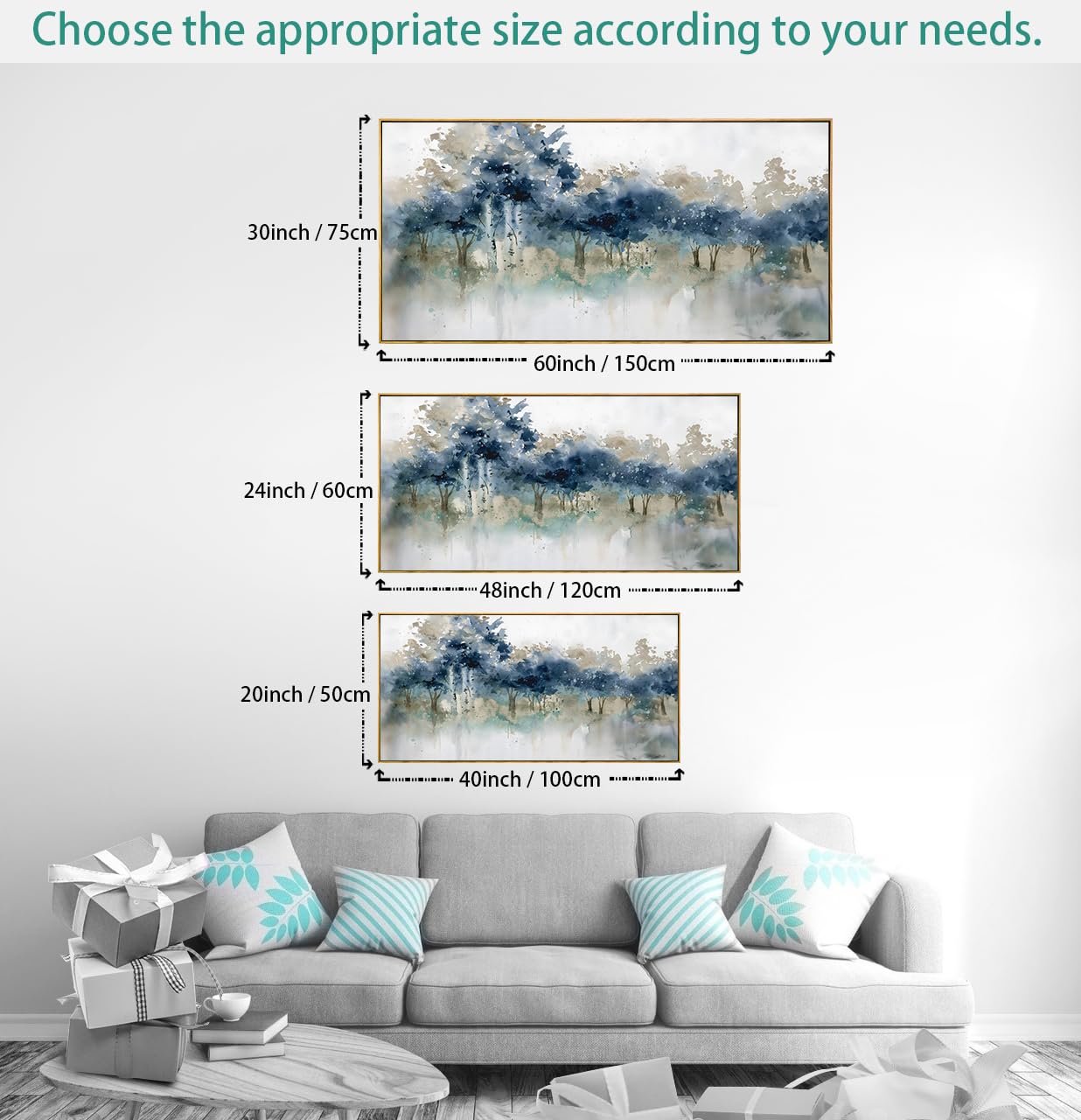 Wall Art Landscape Modern Wall Decor Canvas Painting Blue Ink Wall Art Large Artwork for Living Room Bedroom Office Home Decor 20"x40" with Framed