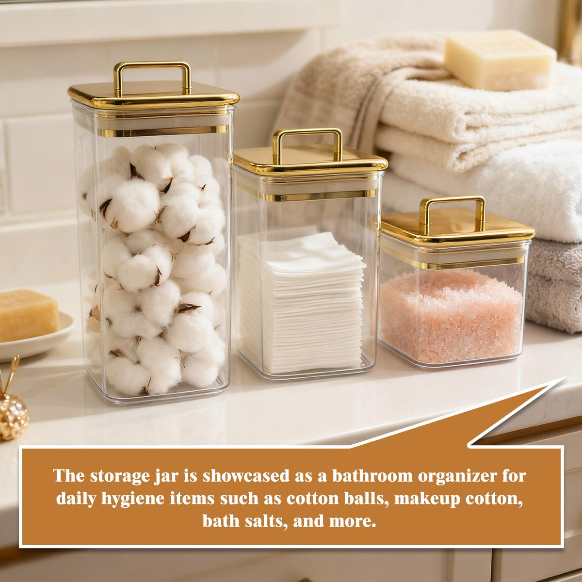 Clear Acrylic 3-Pack Apothecary Jars with Gold Lids Airtight Decorative Containers for Bathroom, Kitchen & Home Elegant Canisters for Cotton Pads, Bath Salts & Snacks