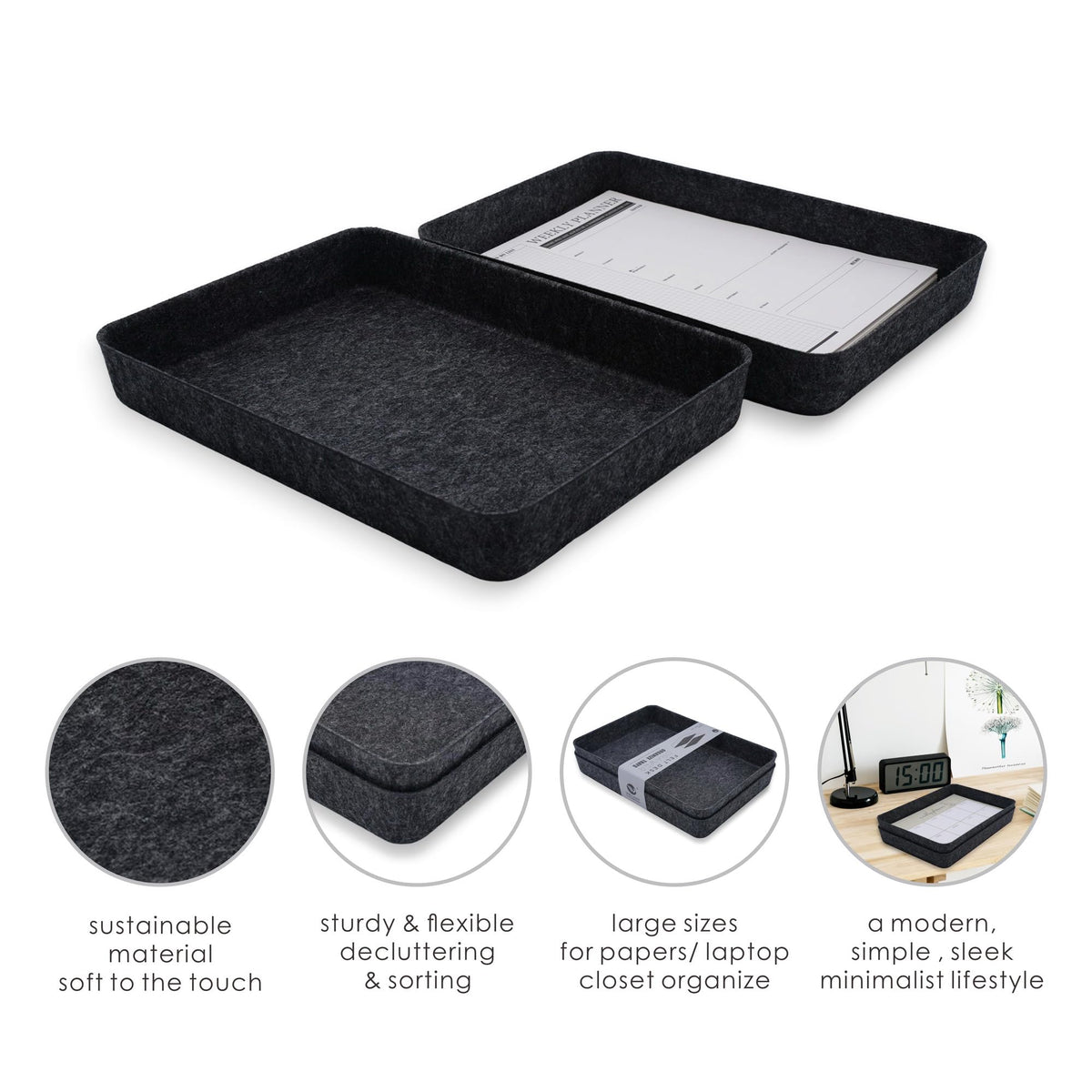 Welaxy 2-piece Office desk drawer organizer tray letter-size documents paper book file Folder Holder storage bins (Charcoal)