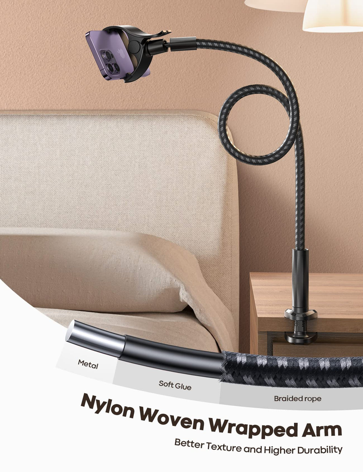 Lamicall Gooseneck Phone Holder Bed - [Nylon Braided] Flexible Arm, 38inch Overall Length, 360 Adjustable Clamp Clip, Overhead Cell Phone Mount Stand for Bed, Desk, 4-7” Cellphone, Gifts