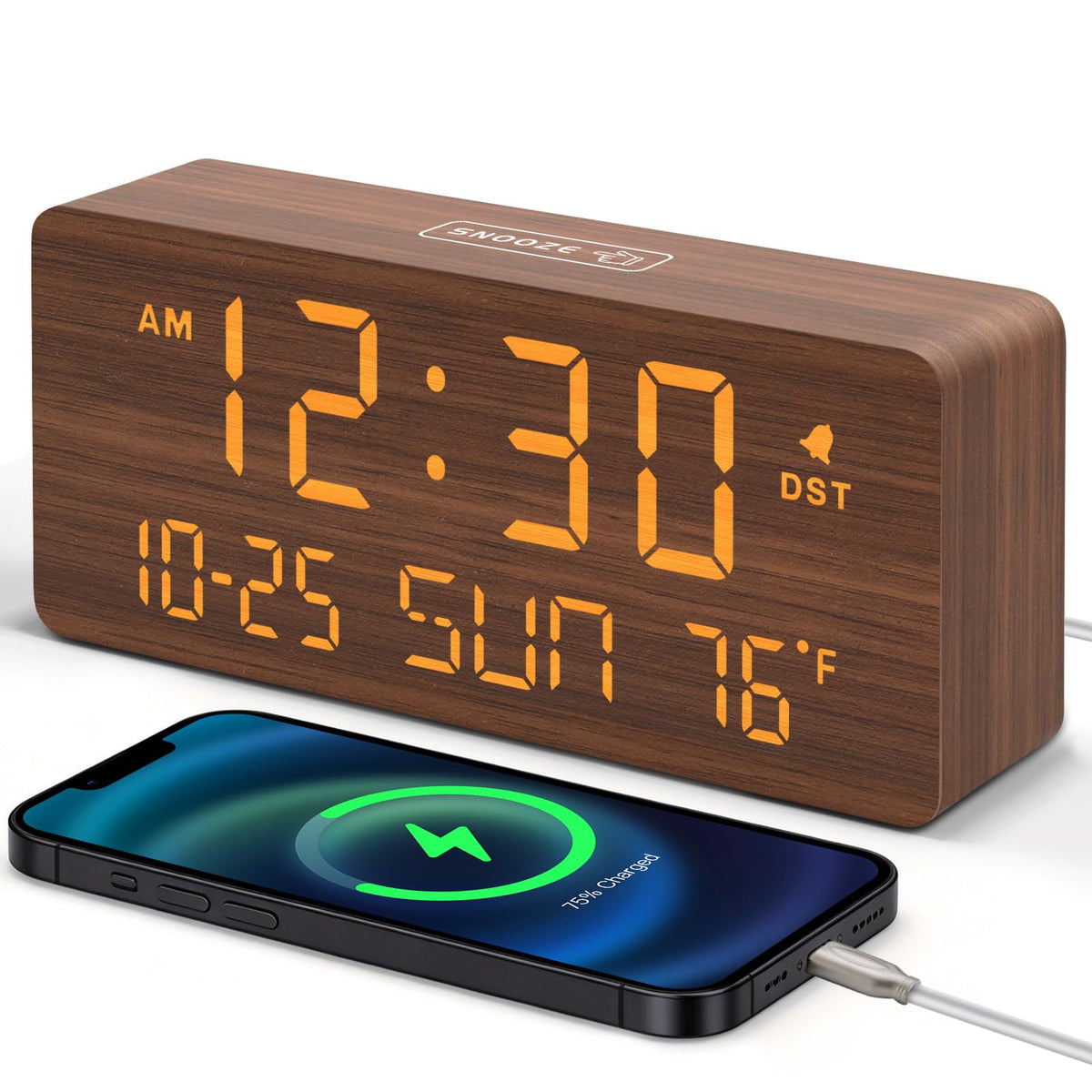 DreamSky Wooden Digital Alarm Clocks for Bedrooms - Living Room Desk Clock with Date and Day of Week, Temperature, USB Port, Dimmer Wheel, Adjustable Volume, Auto DST, Wood Decor for Office Table