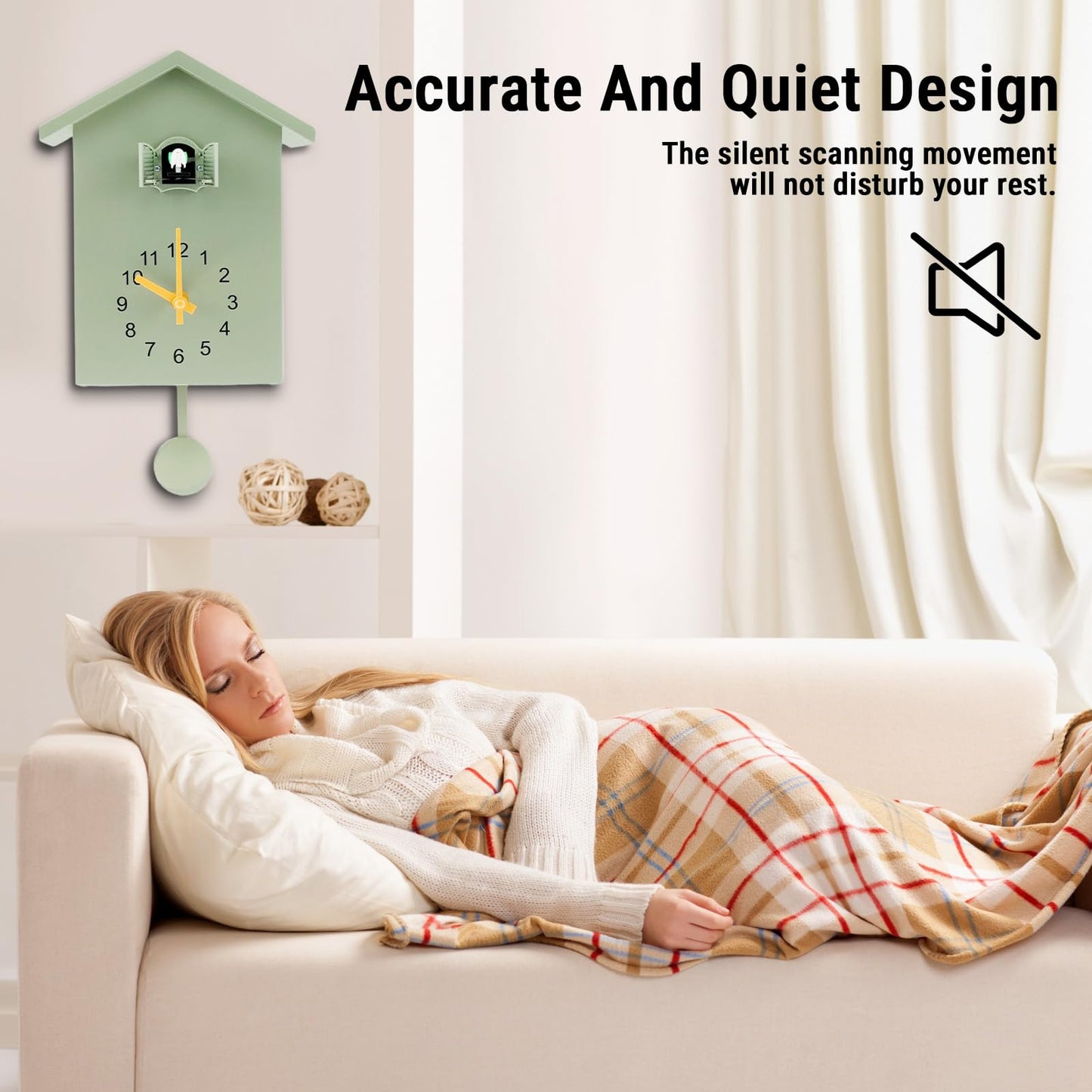 CHEOTIME Modern Cuckoo Clock, Bird House Design Wall Clock, Automatic Bird Call 6am to 9pm, Silent Movement, Decorative Pendulum Clock for Living Room Bedroom Kitchen Office