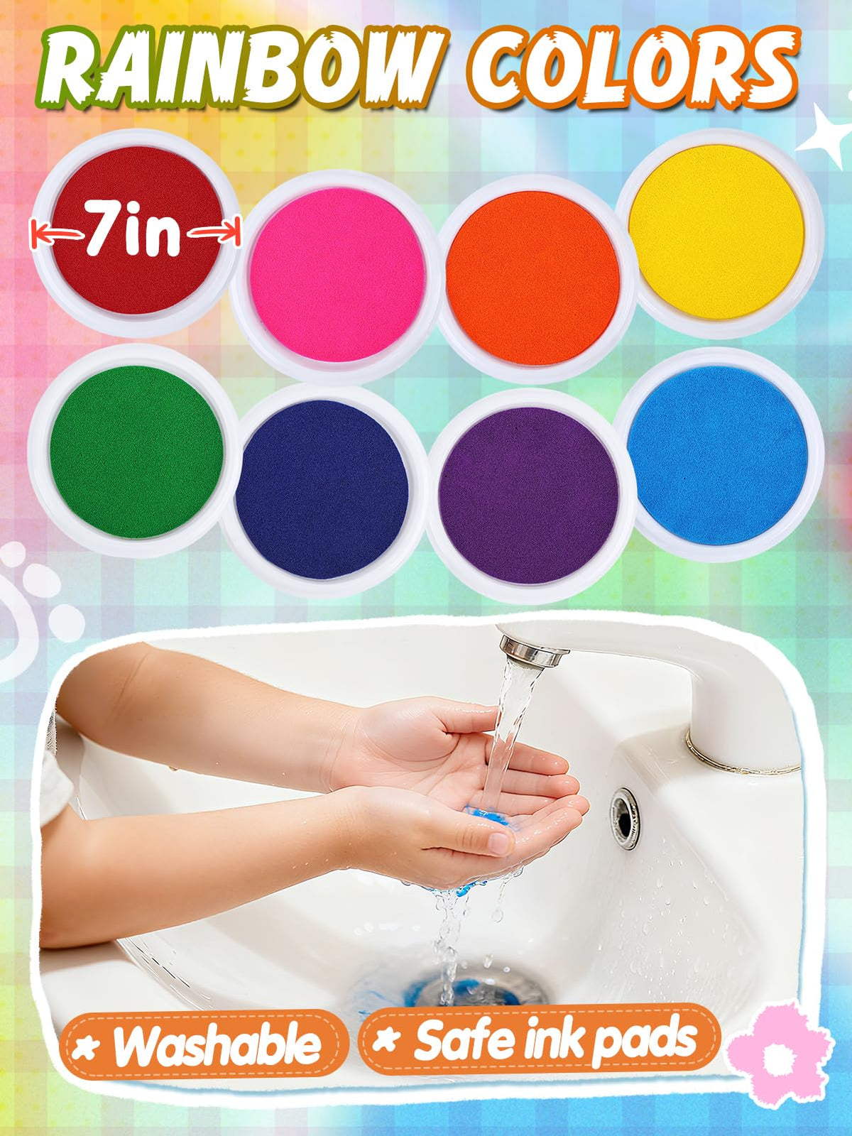 Large Washable Ink Pads for Kids - 7" Ink Pad for Handprint Footprint Toddler Finger Paint, 8 Vibrant Colors Stamp Pad Set for Card Making/Preschool Crafts/Birthday Gifts