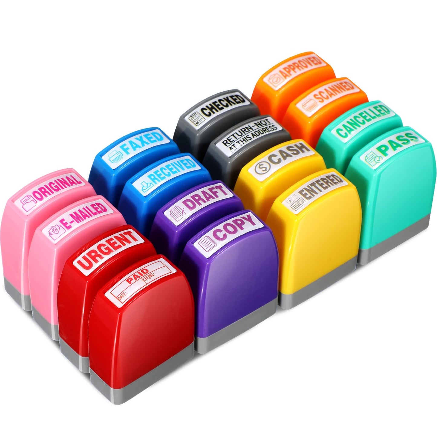 Yeaqee 16 Pcs Self Inking Rubber Stamp Set for Office Approved Paid Copy Faxed Scanned Message Account Business Stamps Paper Work Text Ink Stampers