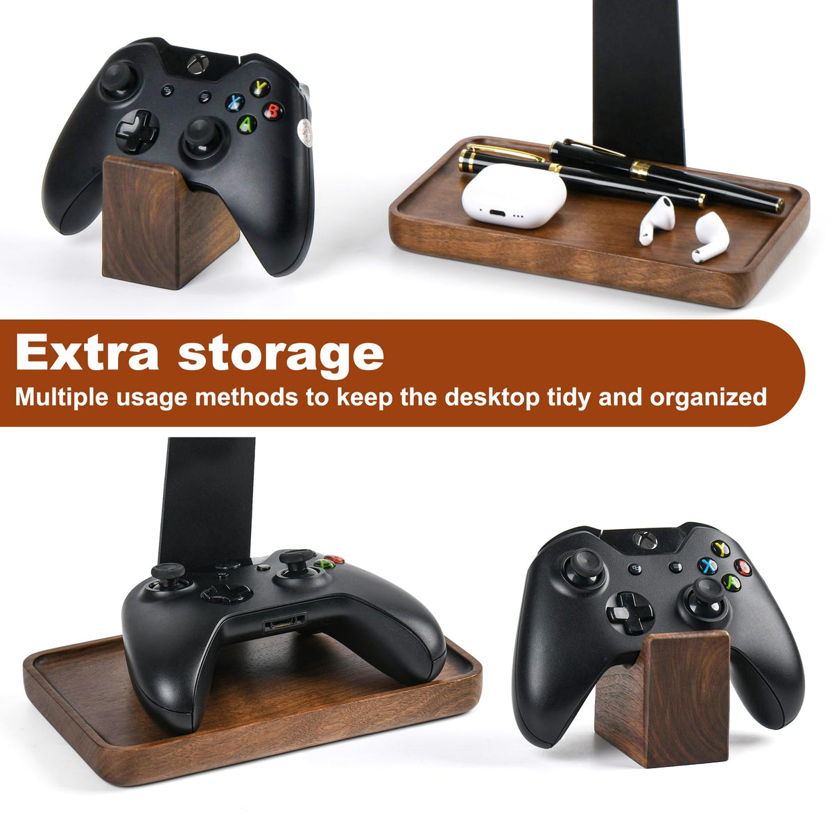Damuzhi Headphone Stand with Gaming Controller Holder, Walnut Wood Headphone Stand with Gifts for Gamers, Gaming Accessories for Desk