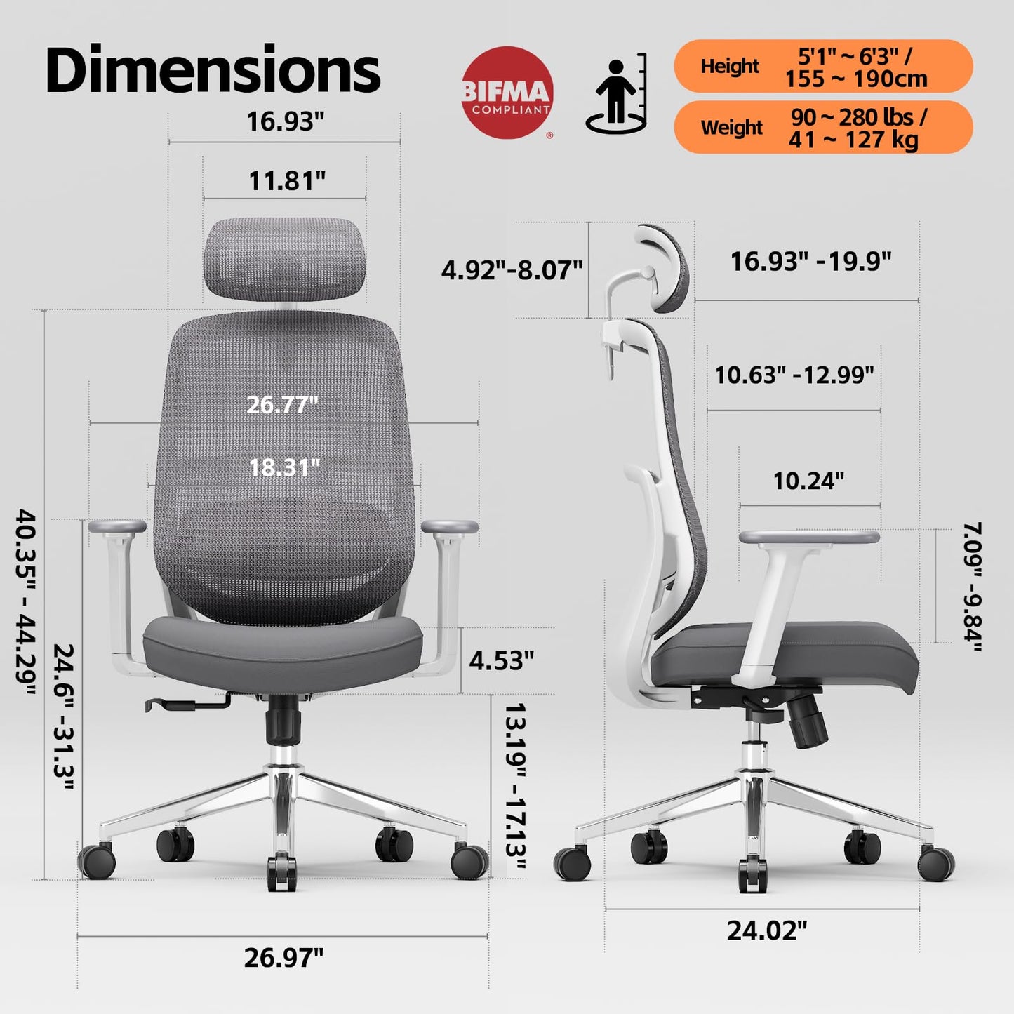 QuelSoft Ergonomic Office Chair, Home Office Desk Chairs, 3D Lumbar Support High Back Desk Chair, Comfortable Computer & Gaming Chair for Office & Home - Silver