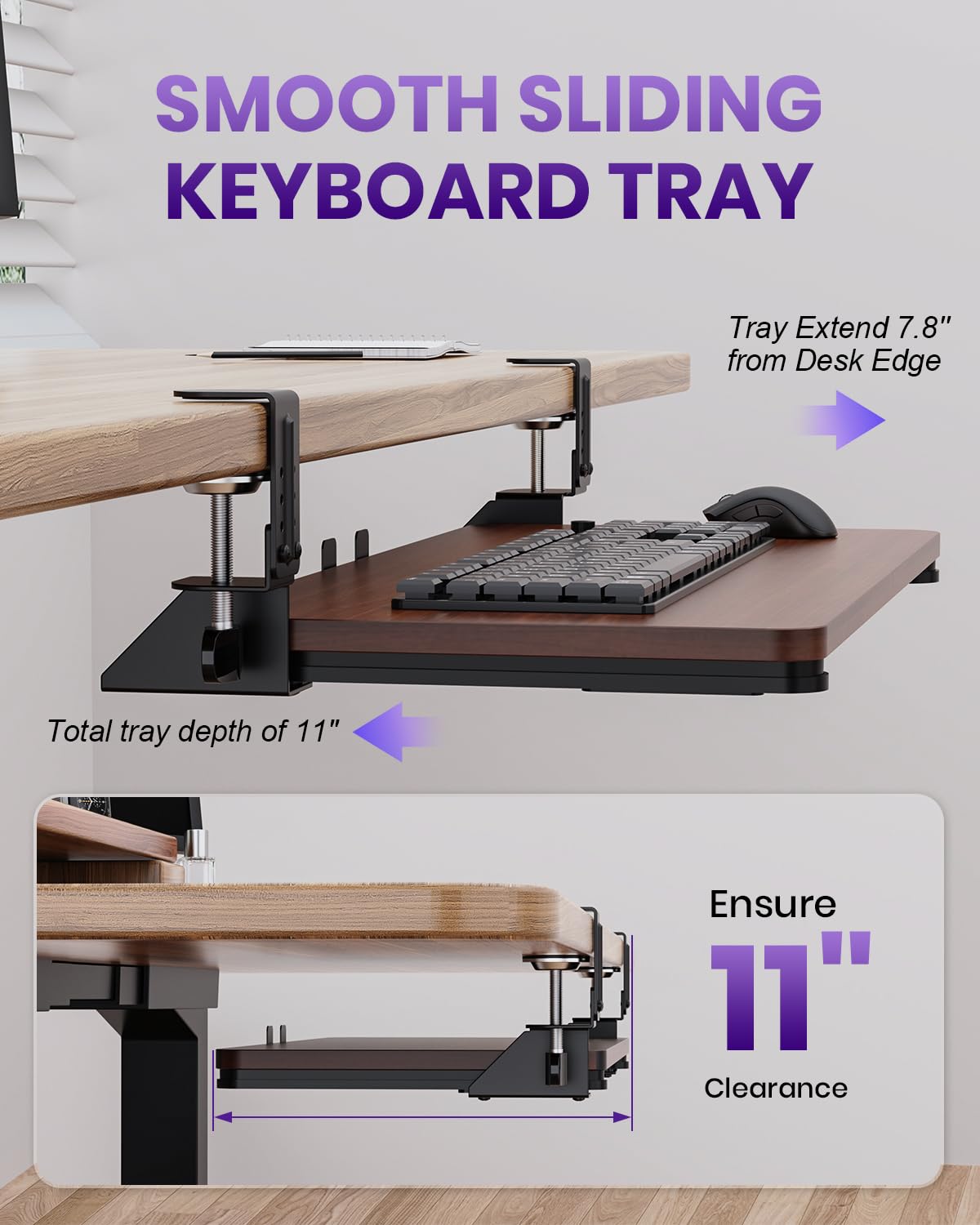 Zontera Ergonomic Keyboard Tray Under Desk, Pull Out with Adjustable C-clamp, 25.6 (31.5 Including Clamps) x 11.8 Inch Slide Out Computer Keyboard Drawer Mouse Tray for Typing, Large & Walnut