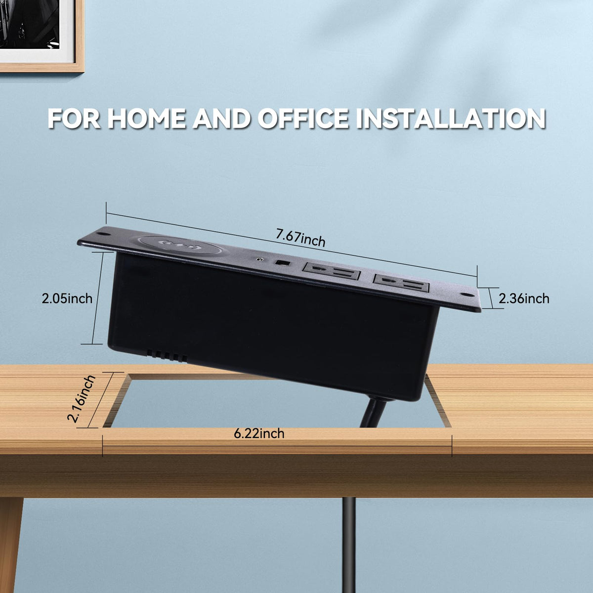 Recessed Power Strip with 15W Wireless Charger,Furniture Recessed Outlet with USB C Fast Charging,Desktop Charging Station & 2 Outlets,2 USB Ports Table Power Strip for Furniture, Home, Office.