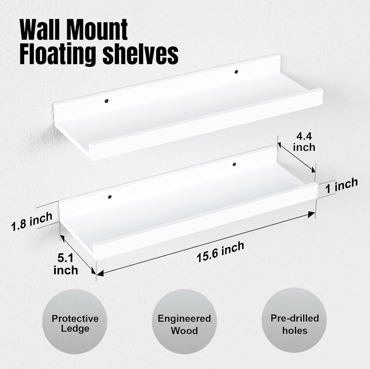 RICHER HOUSE 5 Set White Floating Shelves, Wall Mounted Shelves for Wall Decor, Modern Picture Ledge Shelf with Lip for Storage Nursery, Bedroom, Living Room, Bathroom - White