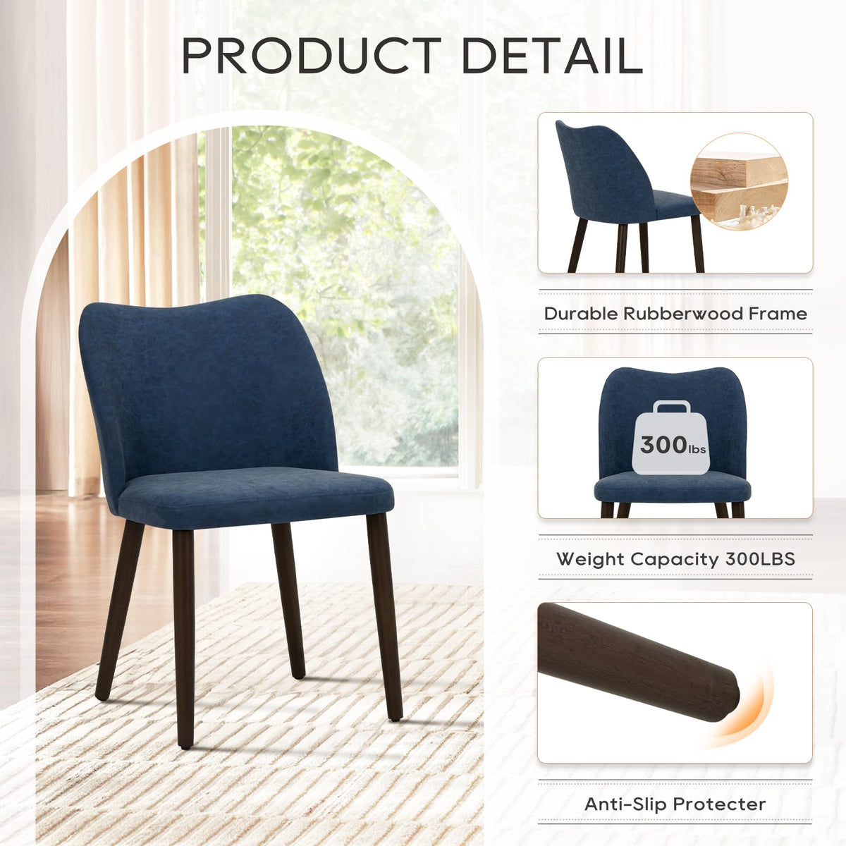 COLAMY Upholstered Dining Chairs Set of 6, Modern PU Leather Dining Room Kitchen Side Chair with Padded Seat and Wood Legs Restaurant/Cafe, Blue