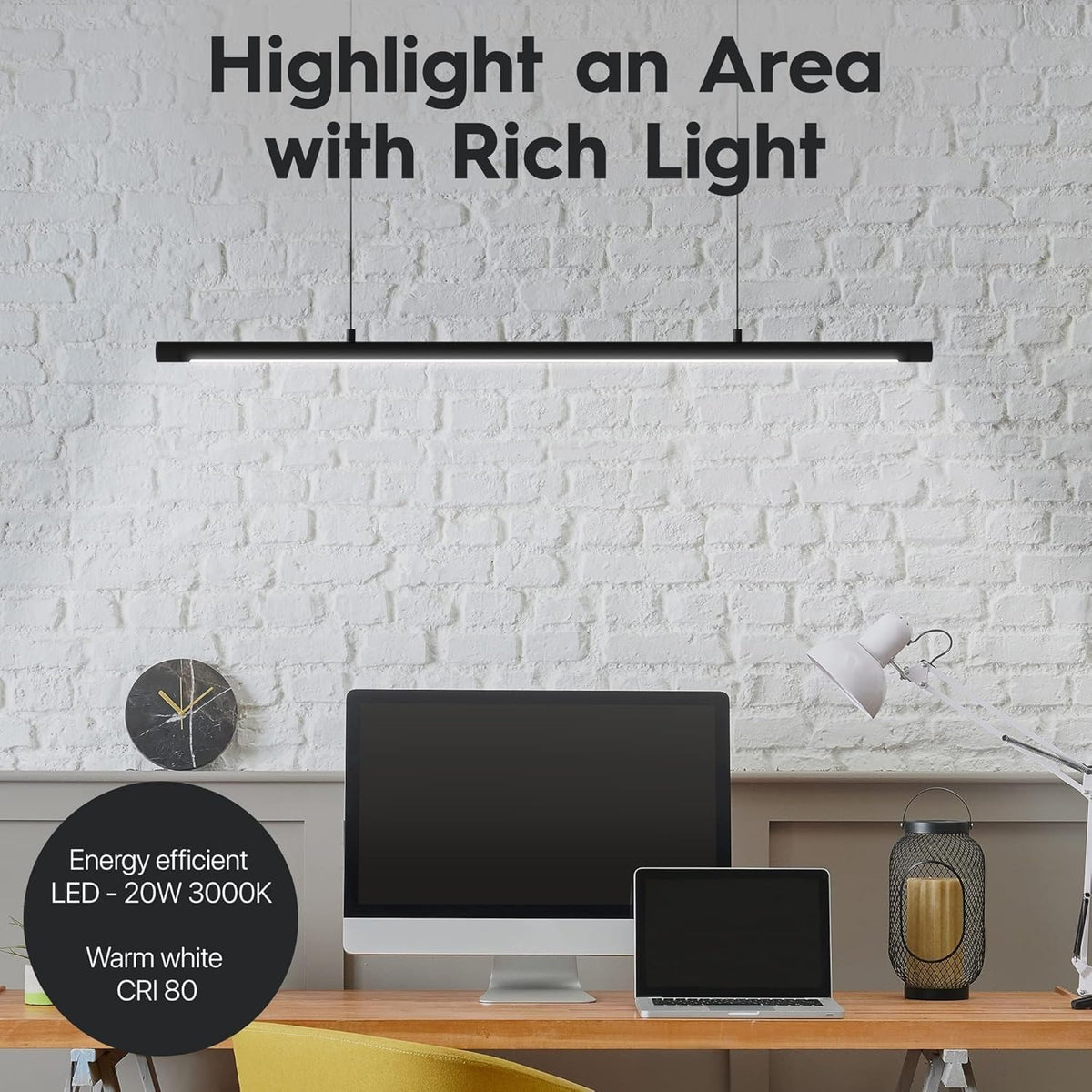 Lorbits LED Linear Pendant Light, Office Light, Flicker-Free, Dimmable, Modern Ceiling Lighting for Bedroom Dining Room Table, 20W 5000K Cold Light 47.2" Black