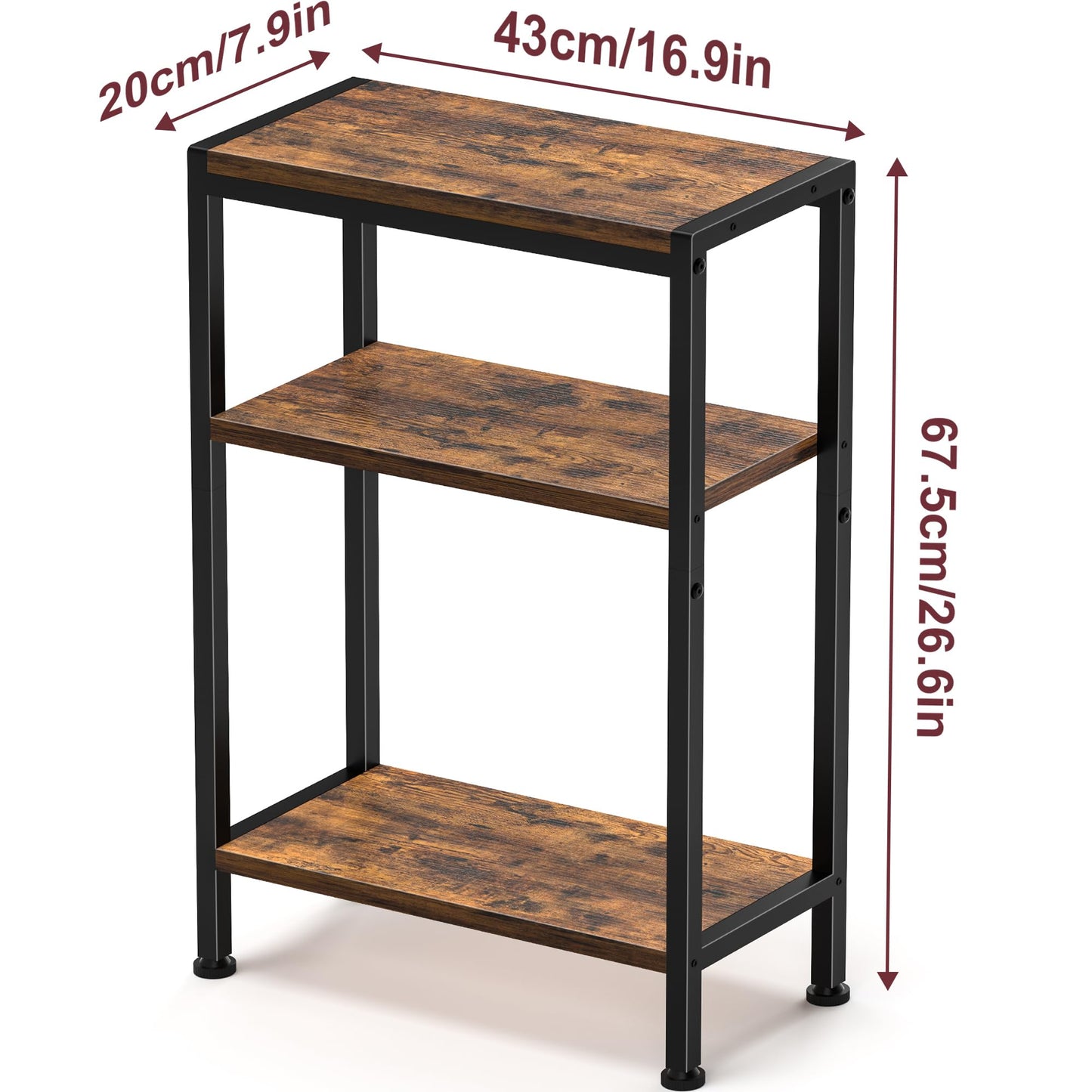 Homedawn Narrow Side Table for Small Space, 3 Tier Slim End Table, Thin Nightstand, Skinny Snack Couch Table, Sofa Bedside Table in Living Room, Bedroom, Study, Kitchen and Balcony (Rustic Brown)