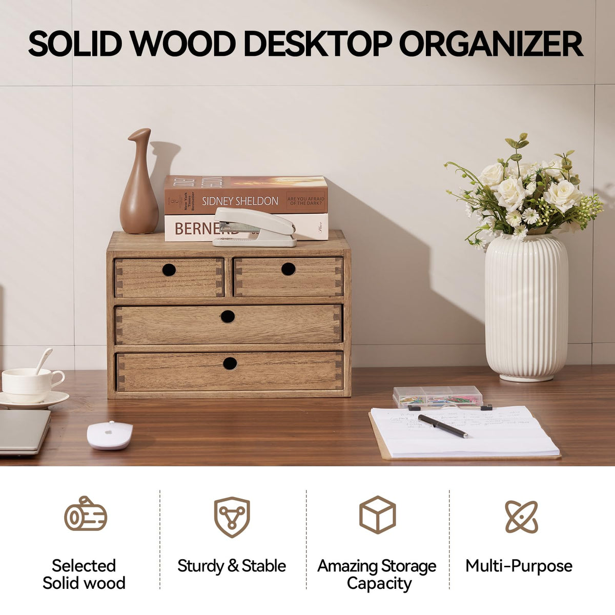 KIRIGEN Wood Desktop Storage Cabinet with 4 Drawers, 3-Tier Desk Organizer for Letter-Size Paper, Mail, Home Office Supplies, Makeup, Crafts, Desk or Countertop, Fully Assembled, Brown WJG34-DBR