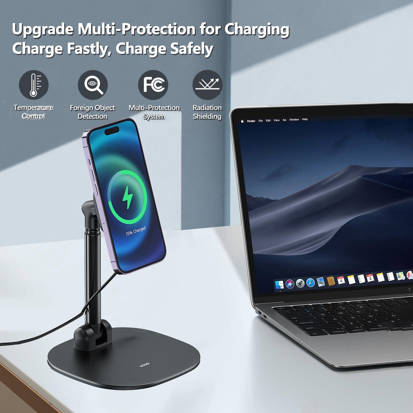 VRIG Magnetic Wireless Charger Phone Stand 360°Rotation Desktop Phone Holder Adjustable Cell Phone Stand for iPhone 17/17pro/16/15/14/13 Series Foldable Wireless Charging Station for Android/AirPod