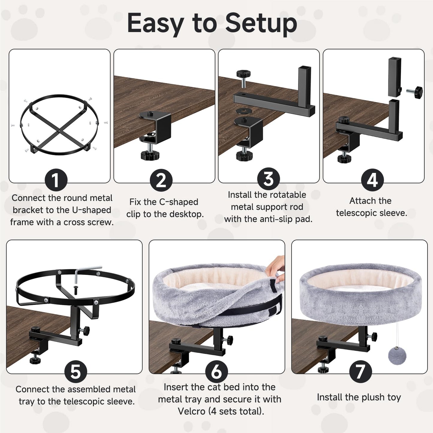 Chumajor Cat Desk Bed - 360° Rotating & Adjustable, Supports 50 lbs, Soft Faux Fur with Dual-Sided Reversible Mat, Modern Indoor Cat Nest Furniture for Office Desks and Game Tables, Island Table