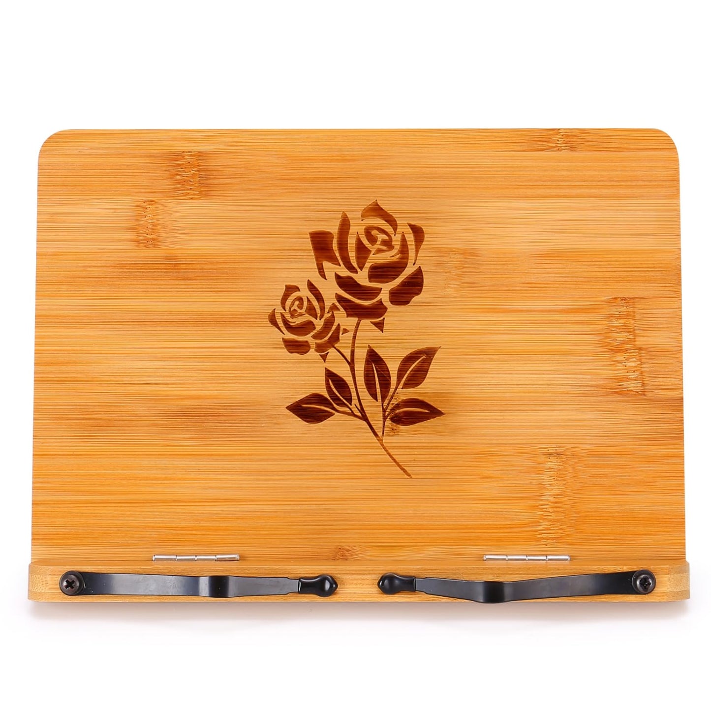MEGREZ Bamboo Book Stand 11 x 8.0 inch, Foldable Cookbook Holder with 6 Adjustable Height, Reading Book Holder for Recipe, Music Book, Textbook, Tablet Stand, Rose