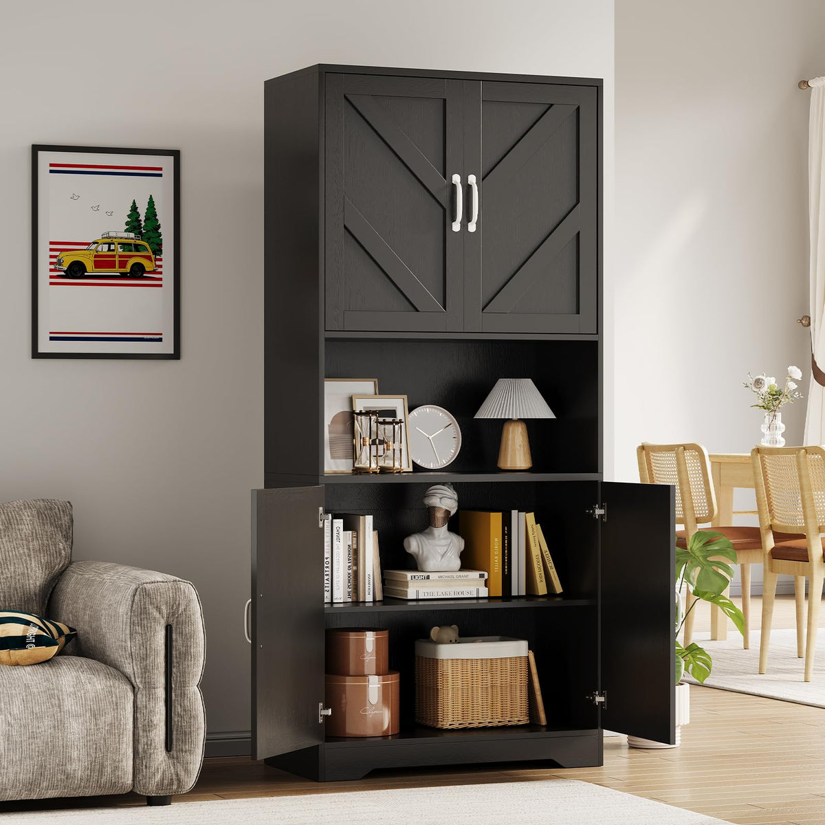IDEALHOUSE 70" Kitchen Pantry Storage Cabinet, Farmhouse Kitchen Hutch Cabinet with 4 Doors & 2 Adjustable Shelves, Freestanding Cupboard with Microwave Stand for Dining Room,Living Room,Black