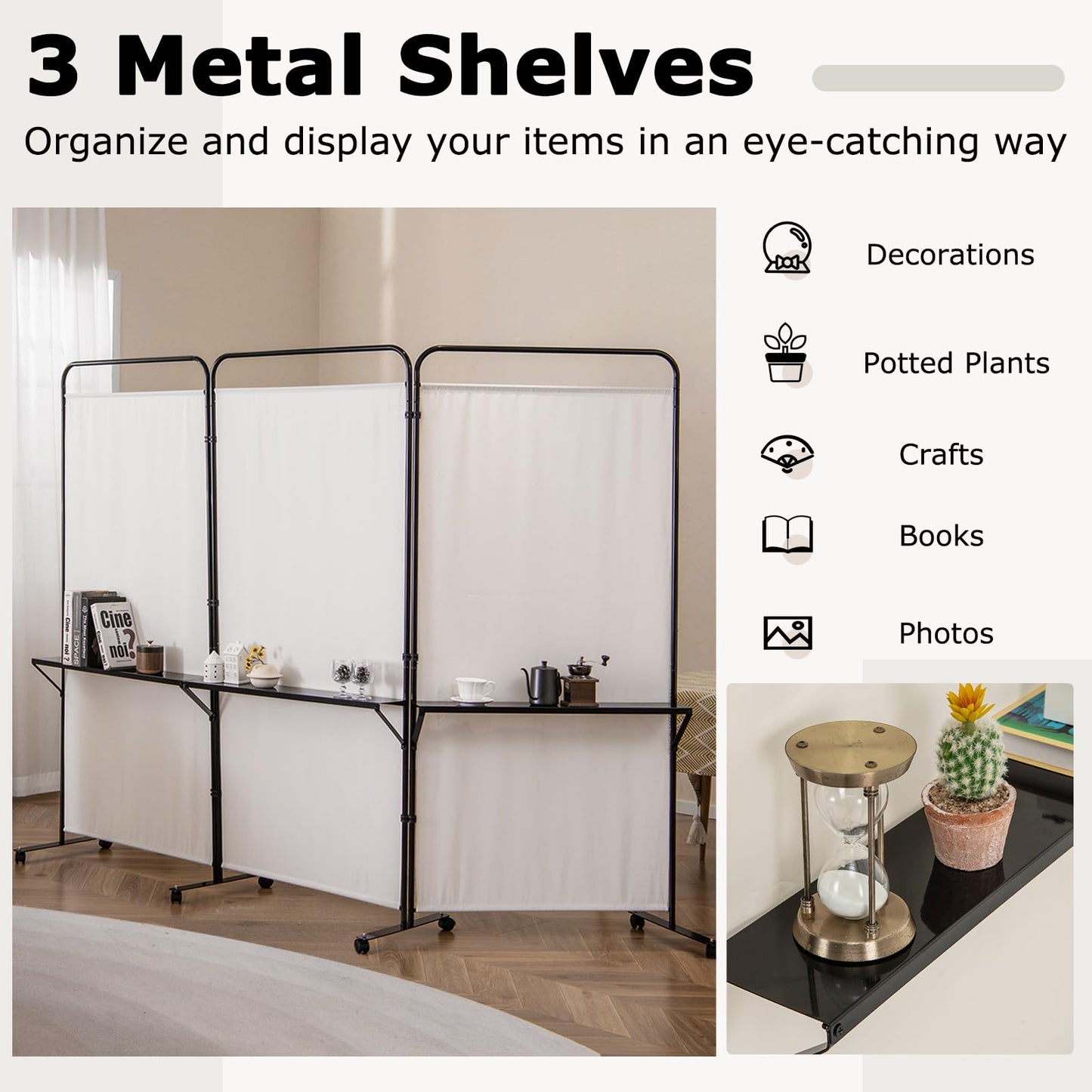 Giantex 3 Panel Room Divider with Wheels and Shelves, 103" W x 74" H Folding Privacy Screen, Rolling Partition Separator for Home Office Studio, Fabric Wall Divider for Room Separation (Beige)