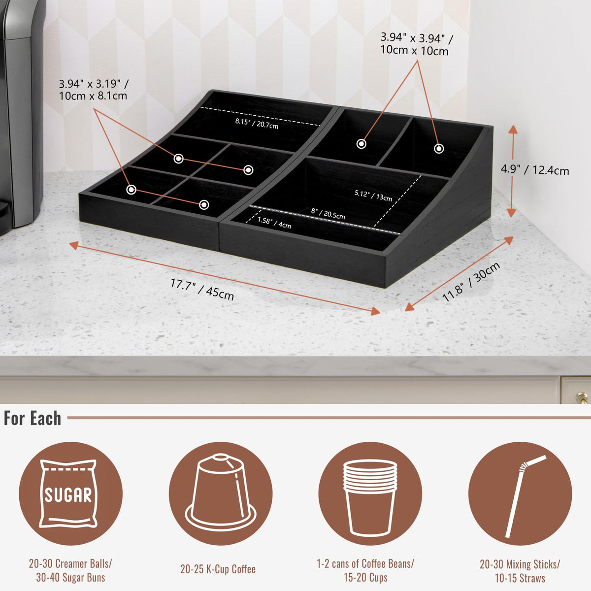 ANBOXIT Coffee Station Organizer for Countertop, Condiment Service Organizer, Coffee Bar Supplies Caddy for Home, Office and Breakroom - Wooden, Black, 9 Compartment, Two-in-One