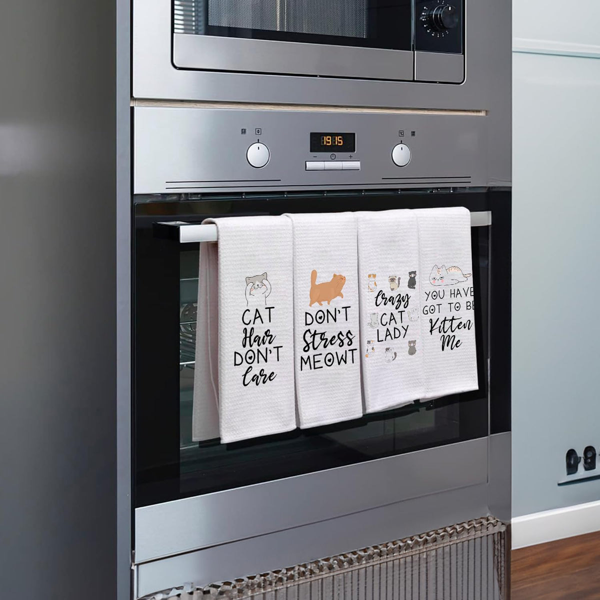 Vinjoy Funny Cat Puns Kitchen Dish Towels Set of 4 – Microfiber Waffle Tea Towels – Housewarming Gifts, Cat Lady Kitchen Gifts, Decorative and Functional Funny Towels for Home, Wedding, Secret Santa