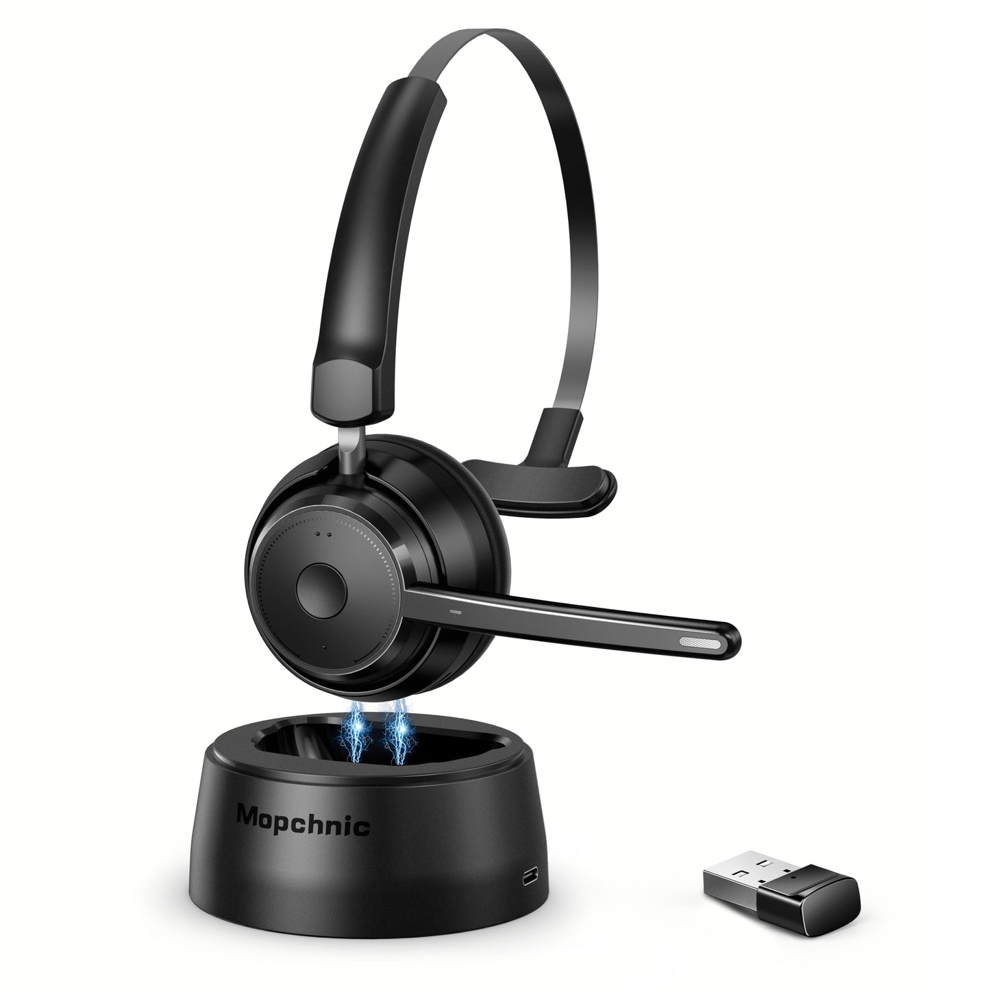 Mopchnic Bluetooth Headset, Wireless Headphone with AI Noise-Canceling Microphone On Ear Wireless Headset with USB Dongle for Computer Office
