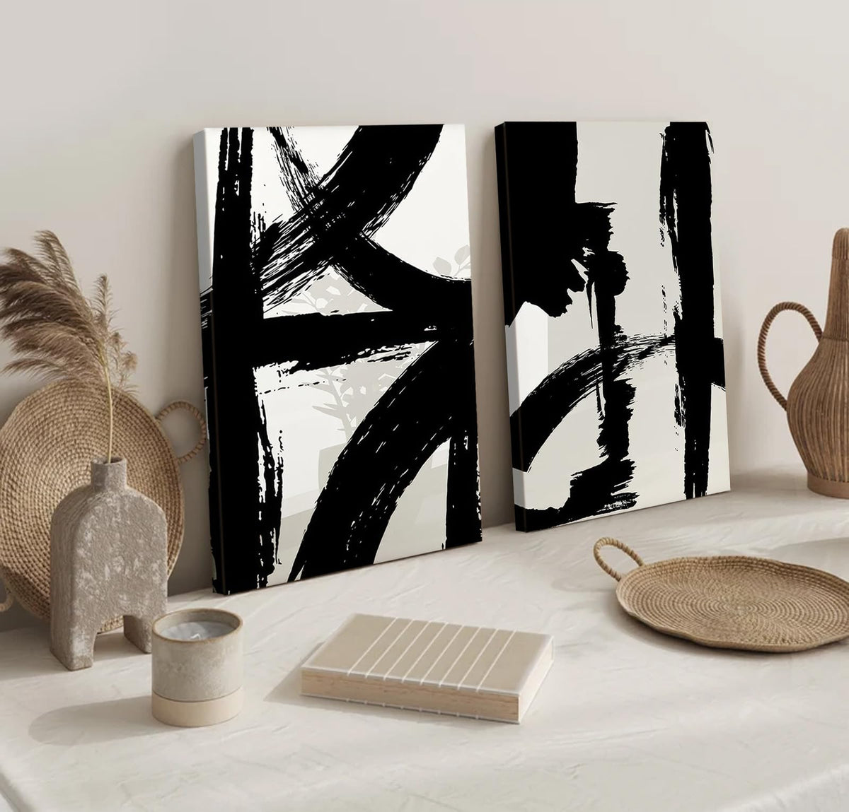 Black and White Brush Stroke Canvas Wall Art Modern Abstract Minimalist Ink Line Painting Picture Mid Century Geometric Prints Poster Retro Graffiti Artwork for Office Home Decor 12x16in