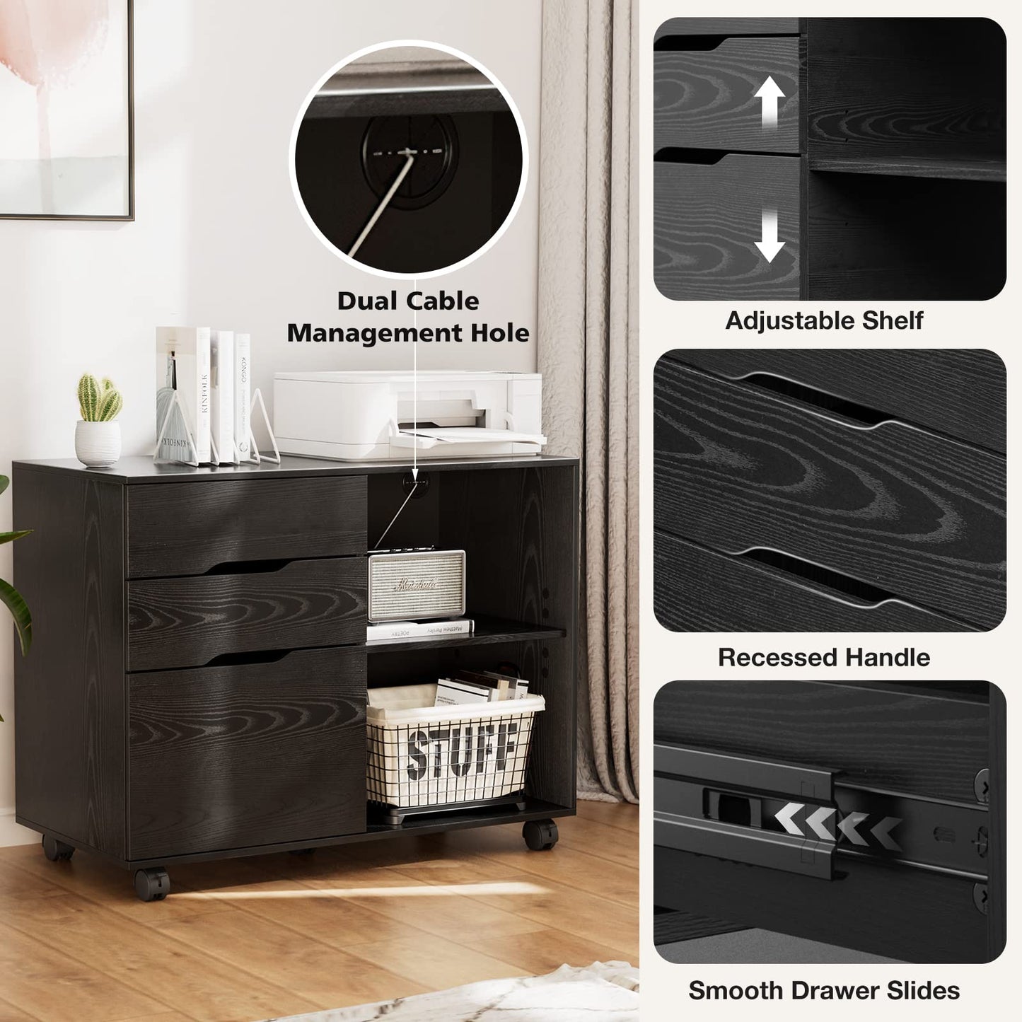 UOCFYK File Cabinet with 3 Drawers, Mobile Lateral Filing Cabinet with Open Storage Shelves for Home Office Under Desk Storage, Black