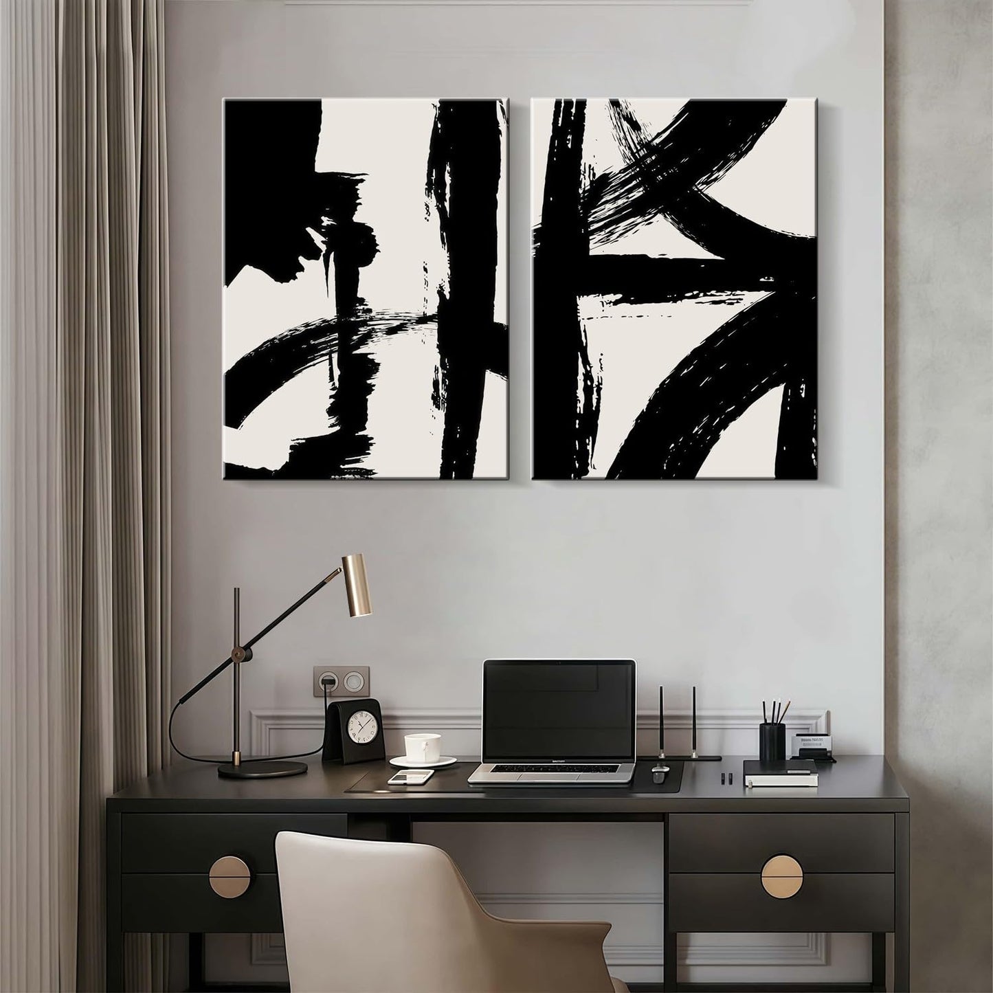 2Pcs Framed Abstract Black and White Canvas Wall Art Minimalist Brushstroke Line Prints Modern Home Gallery Style Painting Posters Picture Bedroom Living Room Office 16x24 Inch Ready to Hang