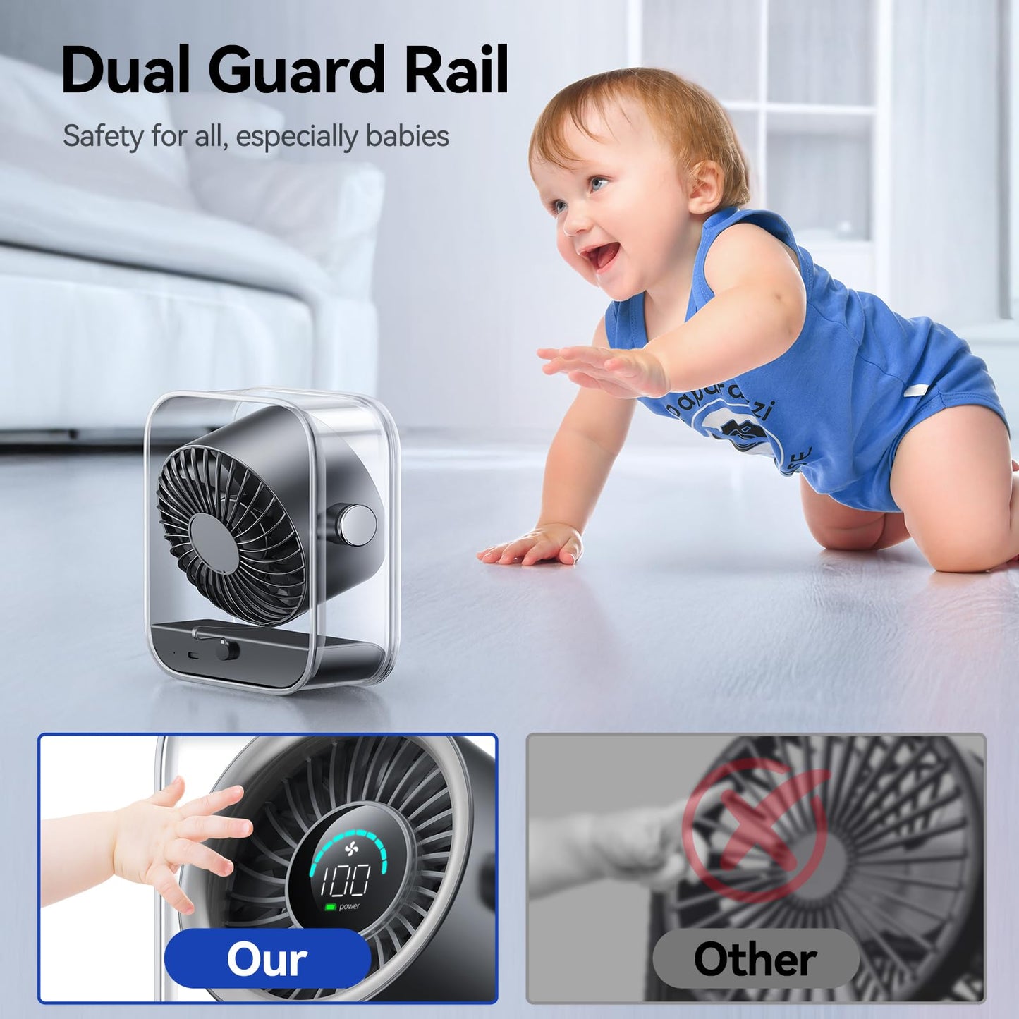 KIMMOO Rechargeable USB Desk Fan, Quiet Table Fan with Turbo Airflow, 100 Speeds, Digital Display, 90° Rotating, Small Battery Desktop Fans for Bedroom Home Office Travel, Black