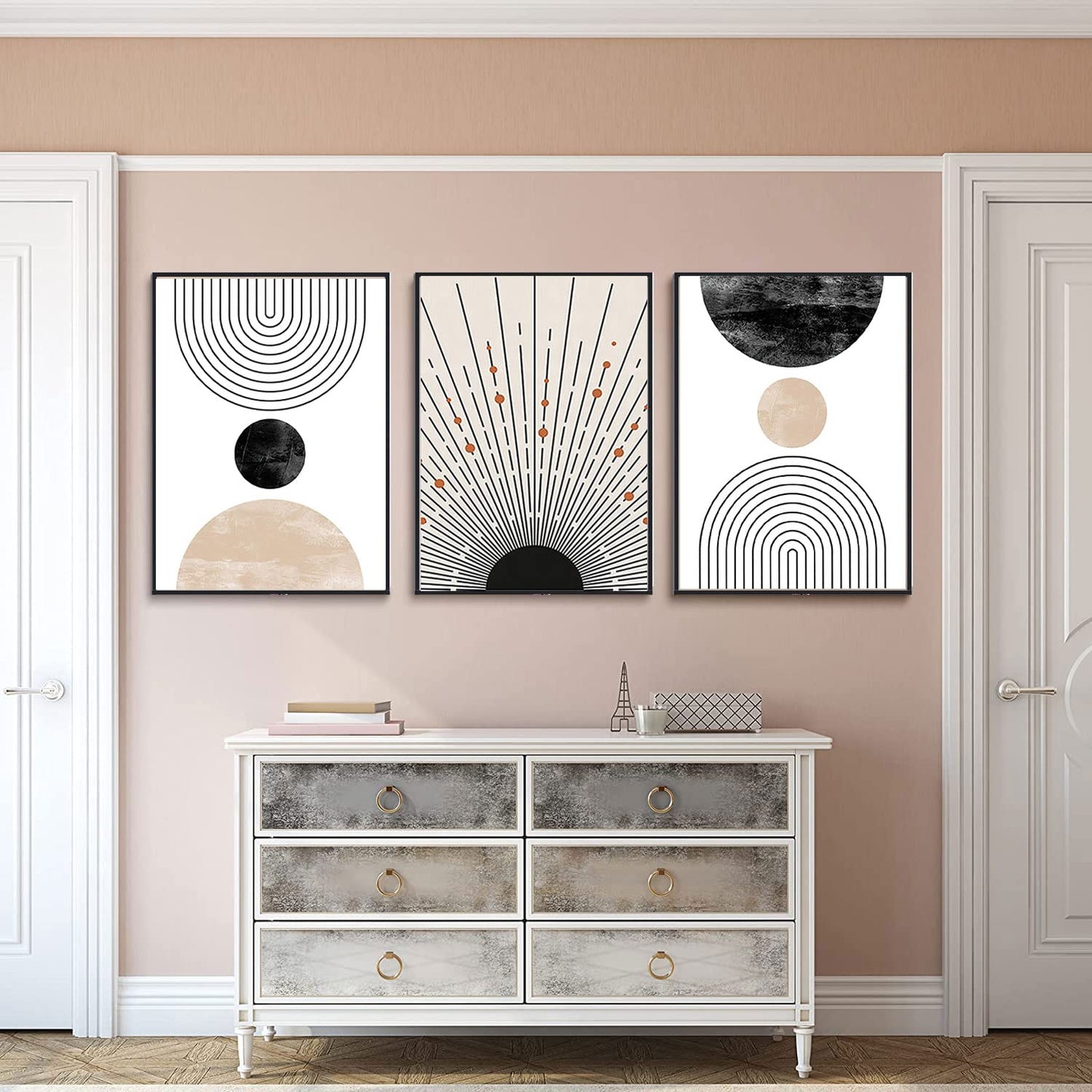 LOARTVE 3Pcs Beige Boho Wall Art Mid Century Modern Wall Decor Pictures Neutral Abstract Geometric Line Minimalist Canvas Posters Prints for Living Room Bedroom Office Home Decoration Unframed