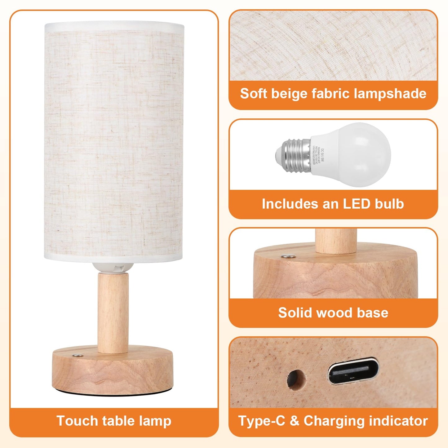 Rechargeable Cordless Table Lamp,Touch Control&Stepless Dimming,Wireless Bedside Ambient Night Light with Wood Base&Linen Shade,Portable Battery Lamp for Bedroom,Nightstand,Nursery,Camping,Outdoor